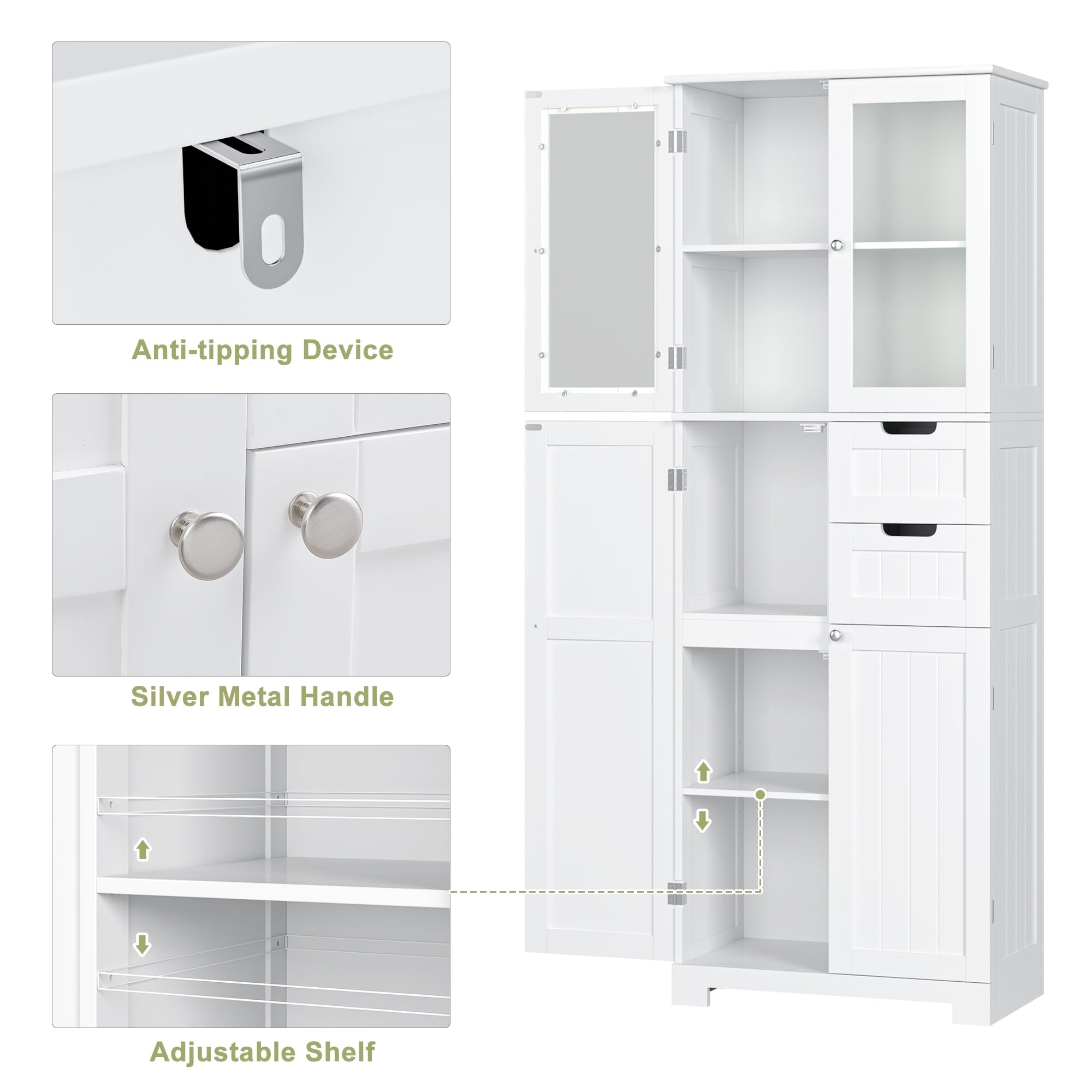 Homfa 67" Tall Bathroom Cabinet, White Linen Cabinet with Doors and Removable Drawers, Kitchen Cupboard