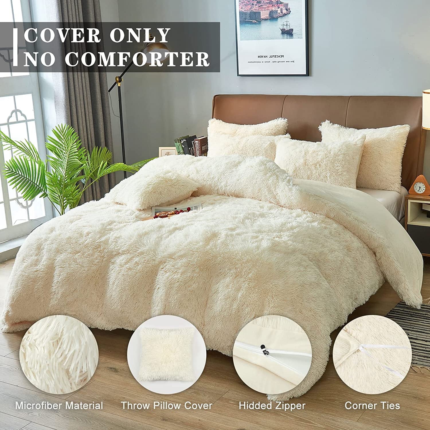 BLEUM CADE Luxury Fluffy Fuzzy Queen Bedding Comforter Set,4 Pieces Shaggy Duvet Cover Set,Furry Plush Velvet Bed Comforter Cover with Zip Closure,Queen,Creamy-White