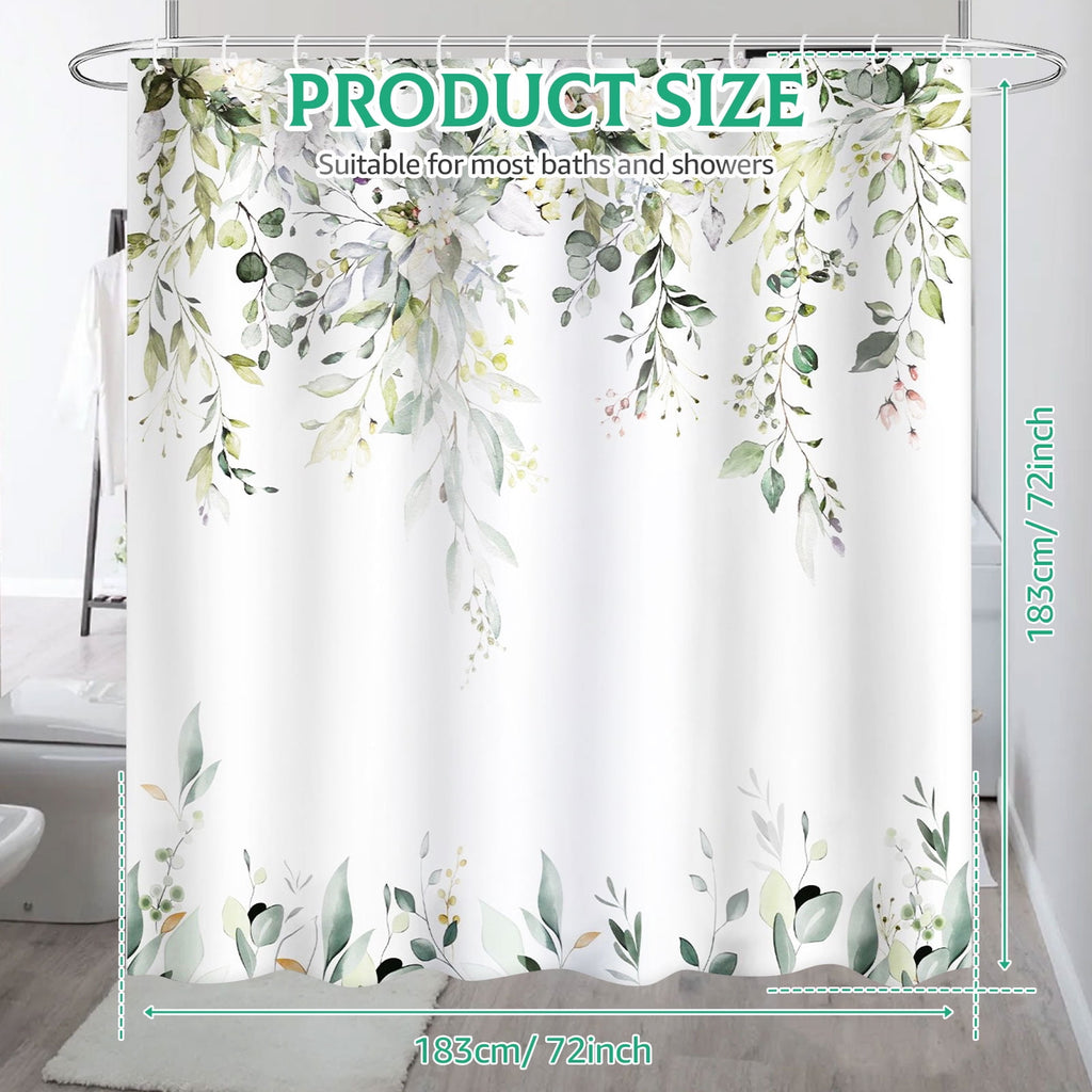 Dznils Green Eucalyptus Fabric Shower Curtain, Watercolor Floral Pattern with Hooks, 72" x 72"