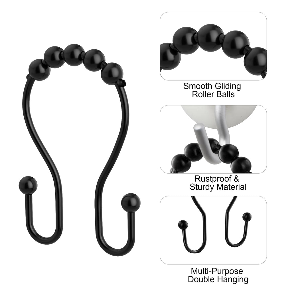 Siaomo Shower Curtain Hooks, 12 Pcs Shower Curtain Rings, Premium Stainless Steel, Rustproof, Easy Glide, for Bathroom Shower Rods Curtains - Double Hooks, Black