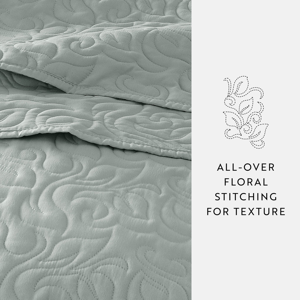 Wrinkle Resistant All Season Quilt Set Coverlet Eucalyptus Floral Stitched for King Size Bedding by Comfort Canopy