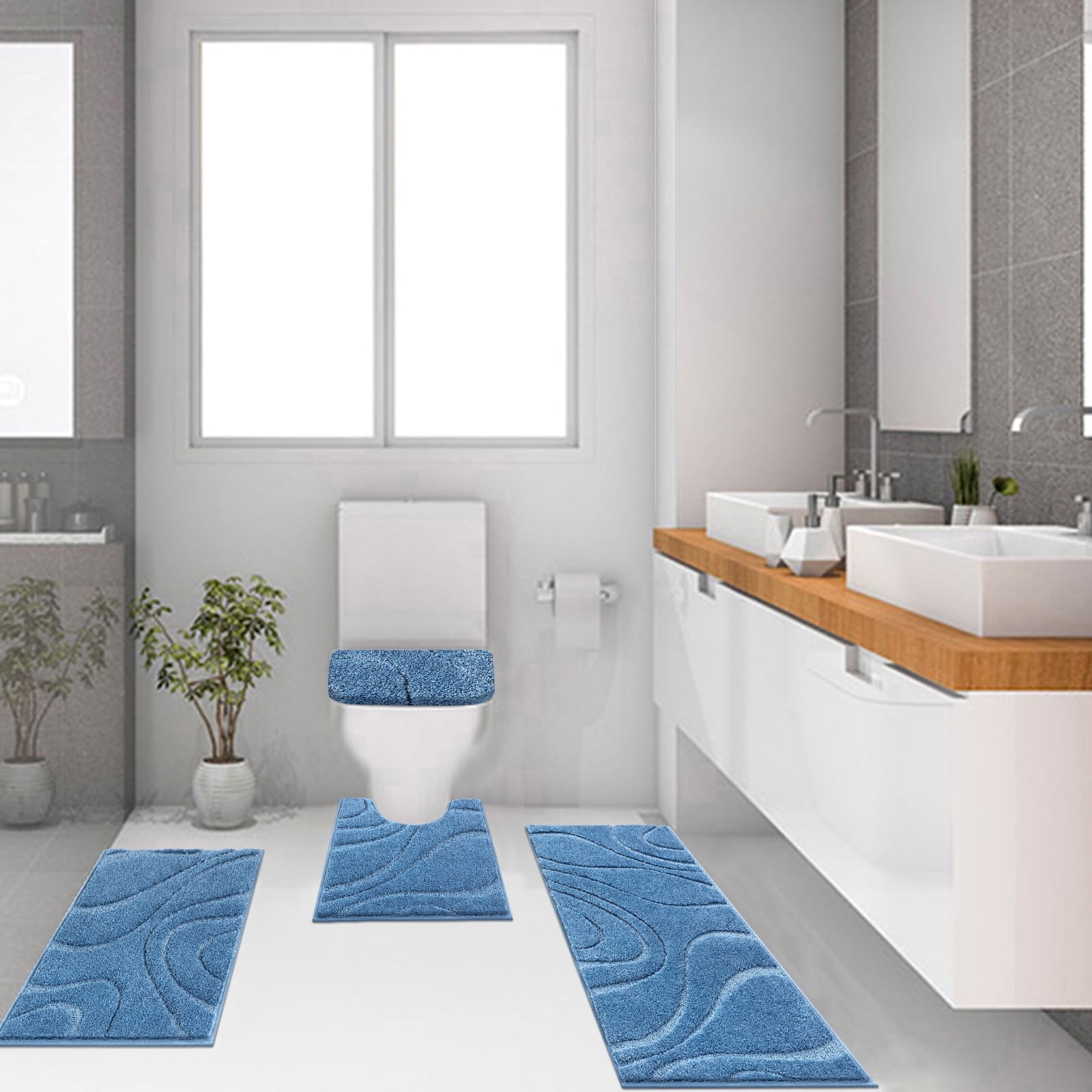 Ileading Bathroom Rugs Sets 4 Piece, Super Soft and Absorbent Non Slip Microfiber Toilet Bathroom Mats