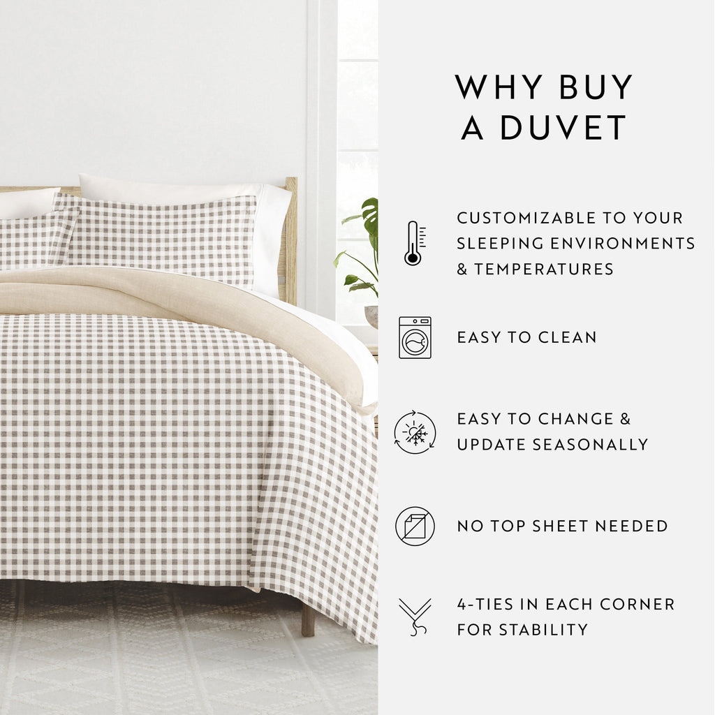 Duvet Cover Set - Ultra Soft & Breathable - Reversible Beige Gingham Check for Twin/TwinXL Bedding by Comfort Canopy