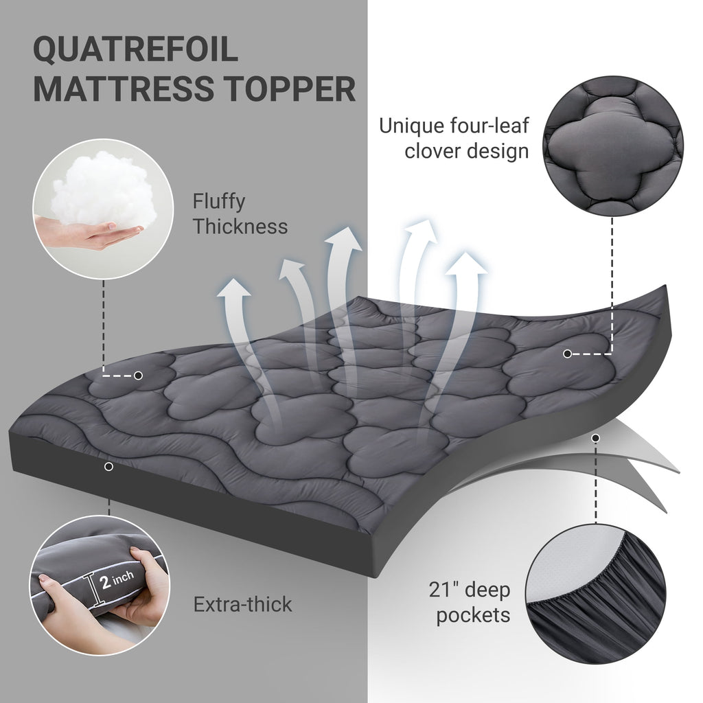 BDEUS Extra Thick Twin Mattress Topper, Cooling Mattress Pad Cover, Mattress Protector with 8-21 Inch Deep Pocket,Comfortable,Gray