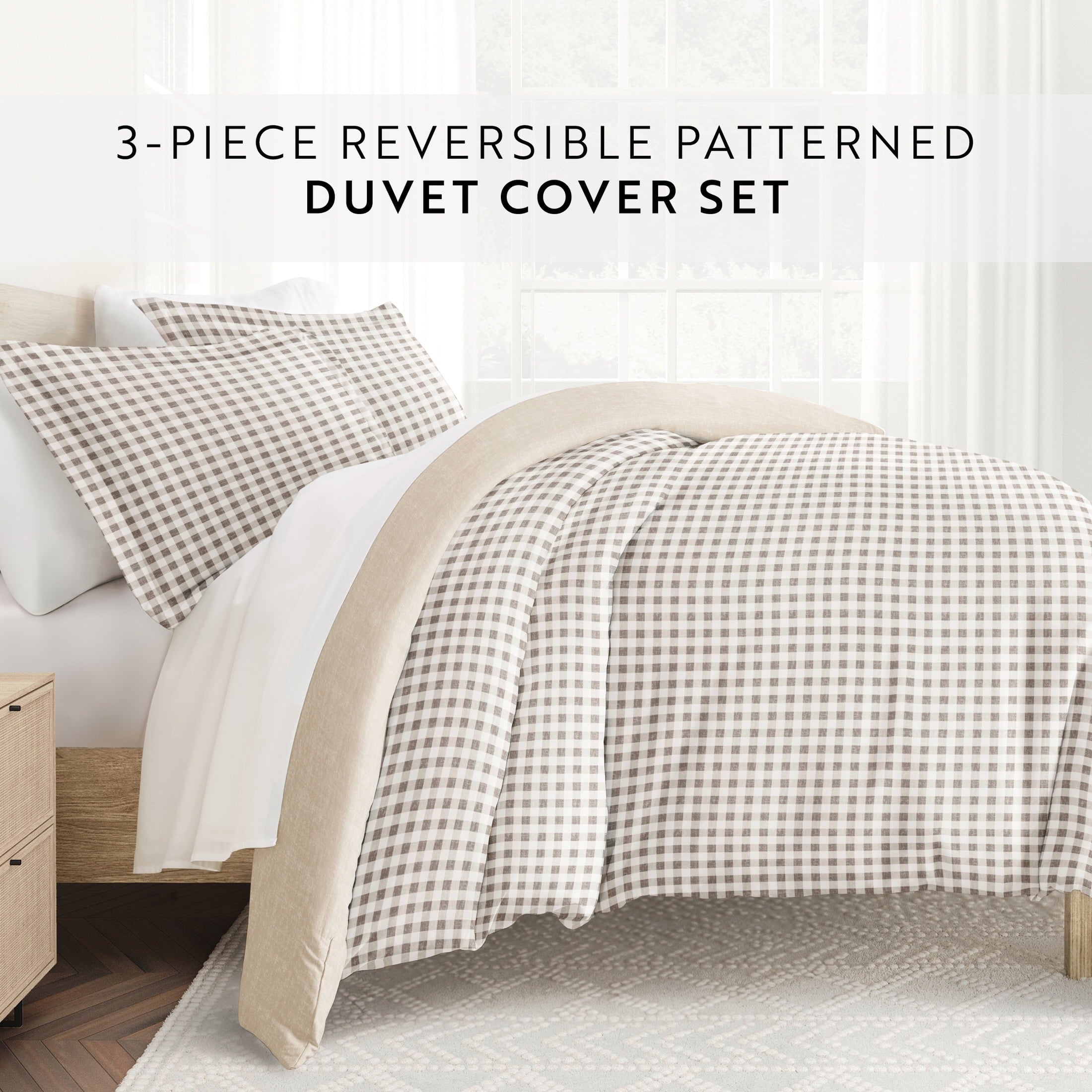 Duvet Cover Set - Ultra Soft & Breathable - Reversible Beige Gingham Check for Twin/TwinXL Bedding by Comfort Canopy