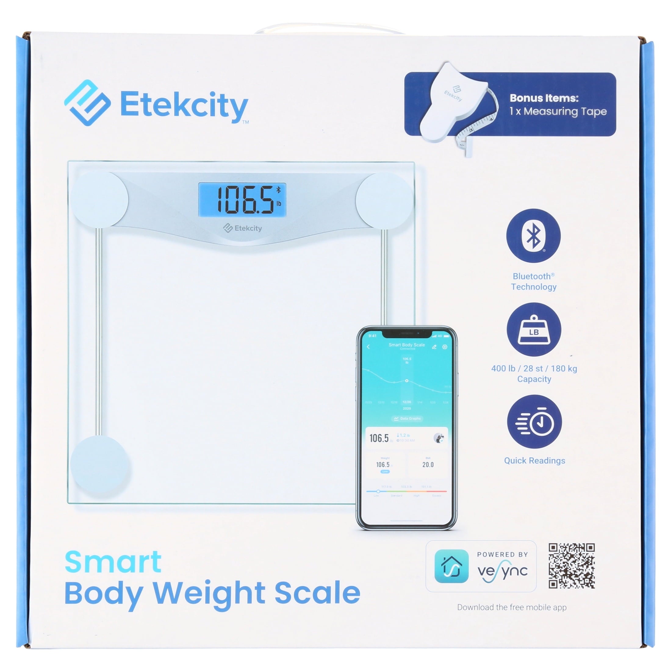 Etekcity LCD Digital Smart Body Weight Scale, Glass and Silver, 400lb Capacity
