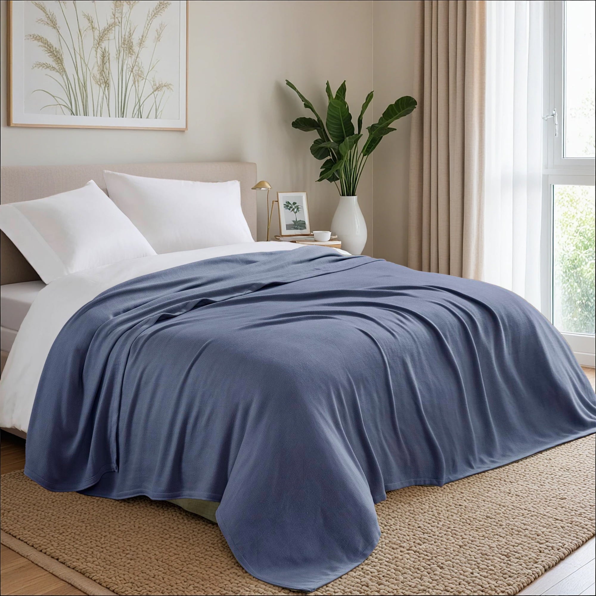 Regency Heights Cozy Bamboo Cotton Blanket, Lightweight Blanket for Sofa Couch, All Season Breathable Bed Blanket for Hot Sleepers with Diamond Jacquard, Full/Queen, Navy