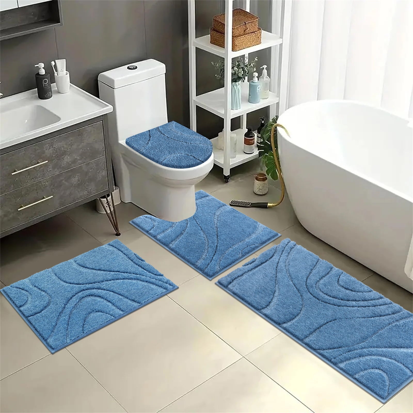 Ileading Bathroom Rugs Sets 4 Piece, Super Soft and Absorbent Non Slip Microfiber Toilet Bathroom Mats