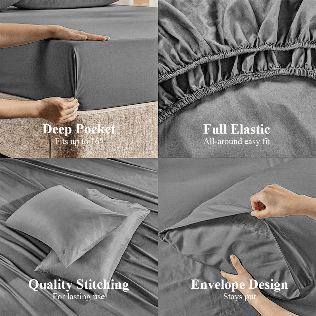 Full Size Bed Sheets,Z-hom 4 Piece Cooling Sheets 14” Deep Pocket Sheet & Pillowcase Sets Soft Microfiber Luxury Bedding Fitted Sheet Water Washed,Dark Gray