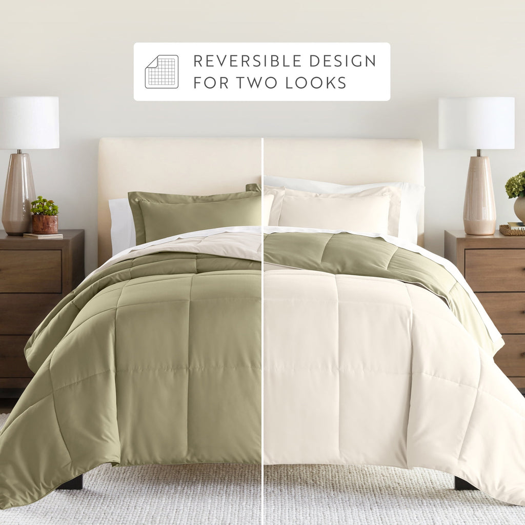 All Season Reversible Comforter Set Breathable Cool in Sage Green & Ivory Twin/Twin XL Size Bedding by Comfort Canopy