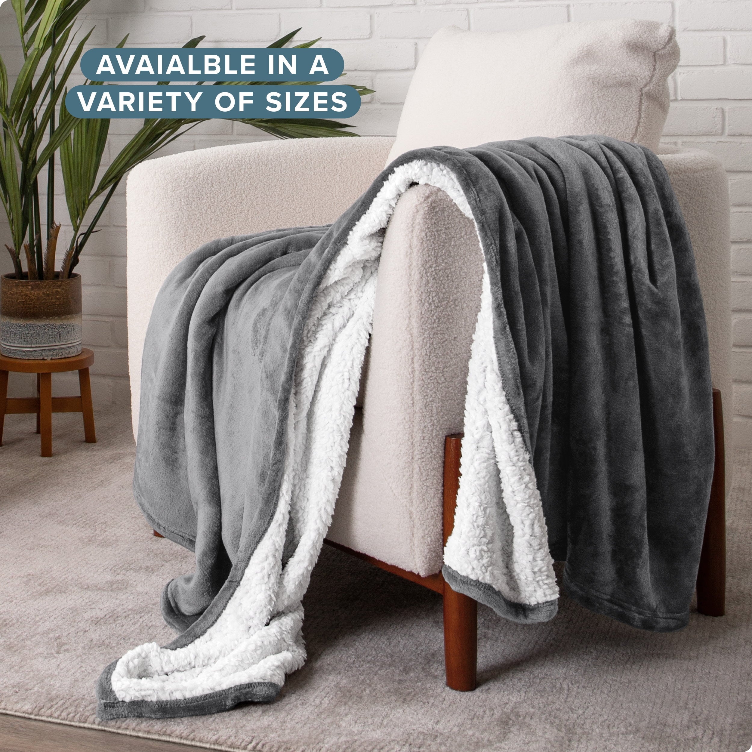 Bare Home Plush Sherpa Bed Blanket - Fluffy & Soft - Reversible - Lightweight - Full/Queen, Gray