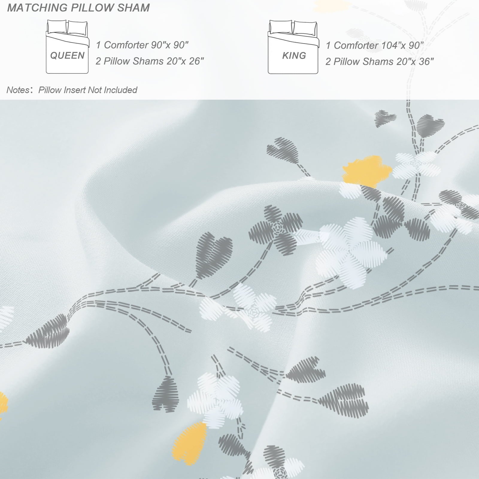 Exclusivo Mezcla 3-Piece Floral King Size Comforter Set, Microfiber Bedding Down Alternative Comforter for All Seasons with 2 Pillow Shams, Light Blue