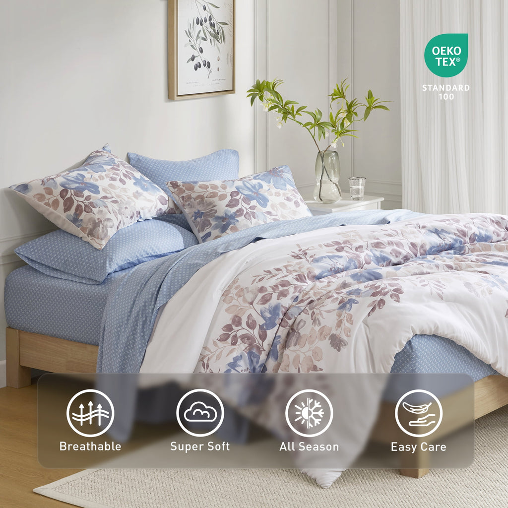 Regency Heights Queen Comforter Set with Sheets, Soft Brushed Bed in A Bag with Diamond Printed Bed Sheets, 7 Piece Bedding Sets with Flat Sheet and Fitted Sheet, Blue