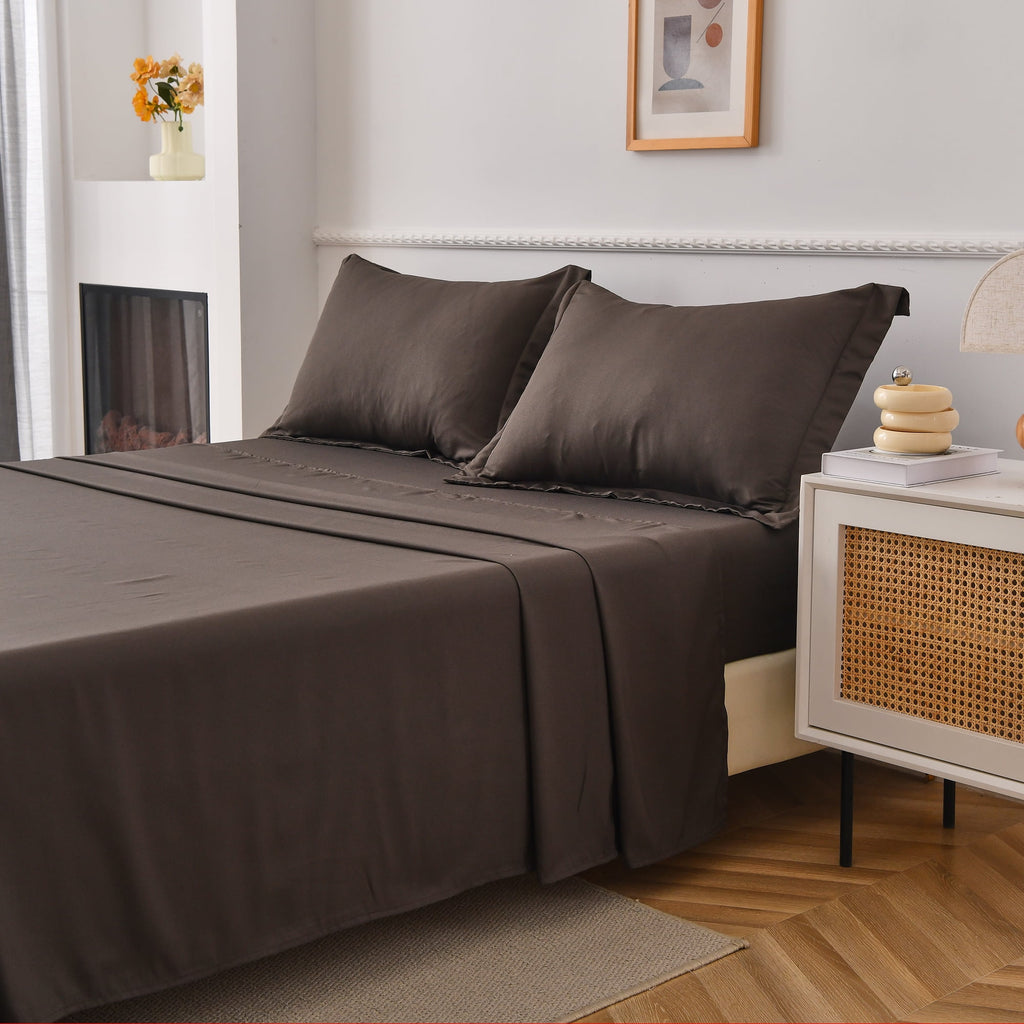 Jessy Home Bed Sheets Set 4 Piece Queen/Full Sheet Set Brown Gray Cotton Blend Fitted Sheet, Flat Sheet & 2 Pillowcases Bedding Set