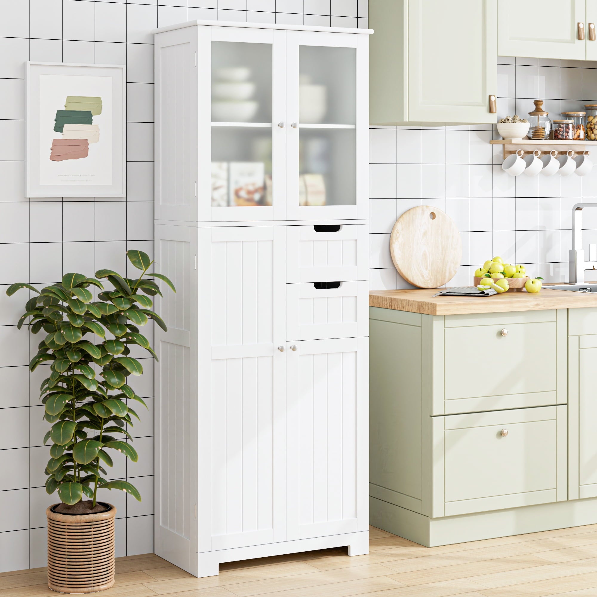 Homfa 67" Tall Bathroom Cabinet, White Linen Cabinet with Doors and Removable Drawers, Kitchen Cupboard
