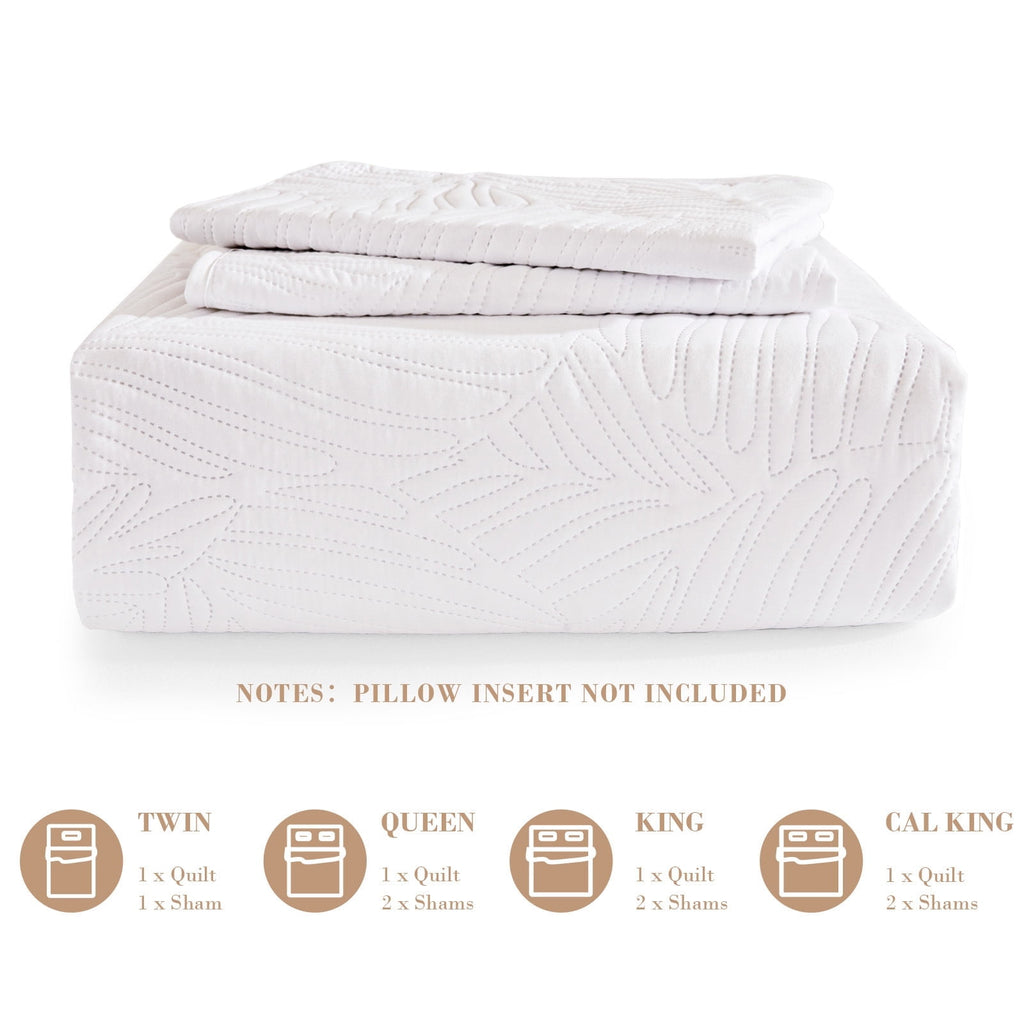 Exclusivo Mezcla Ultrasonic King Size Quilt Set White, 3 Pieces Lightweight Bedspread Leaf Pattern Bed Cover Soft Microfiber Coverlet Bedding Set for All Seasons