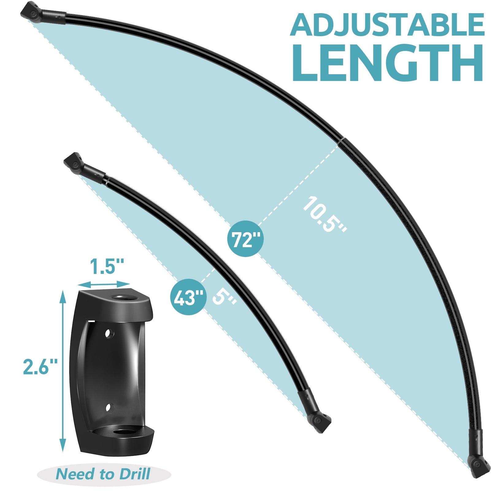 Curved Shower Curtain Rod 43" to 72" Adjustable, Aluminum Rustproof Expandable Round Shower Rod for Bathroom Bathtub Stall, Need to Drill, Black