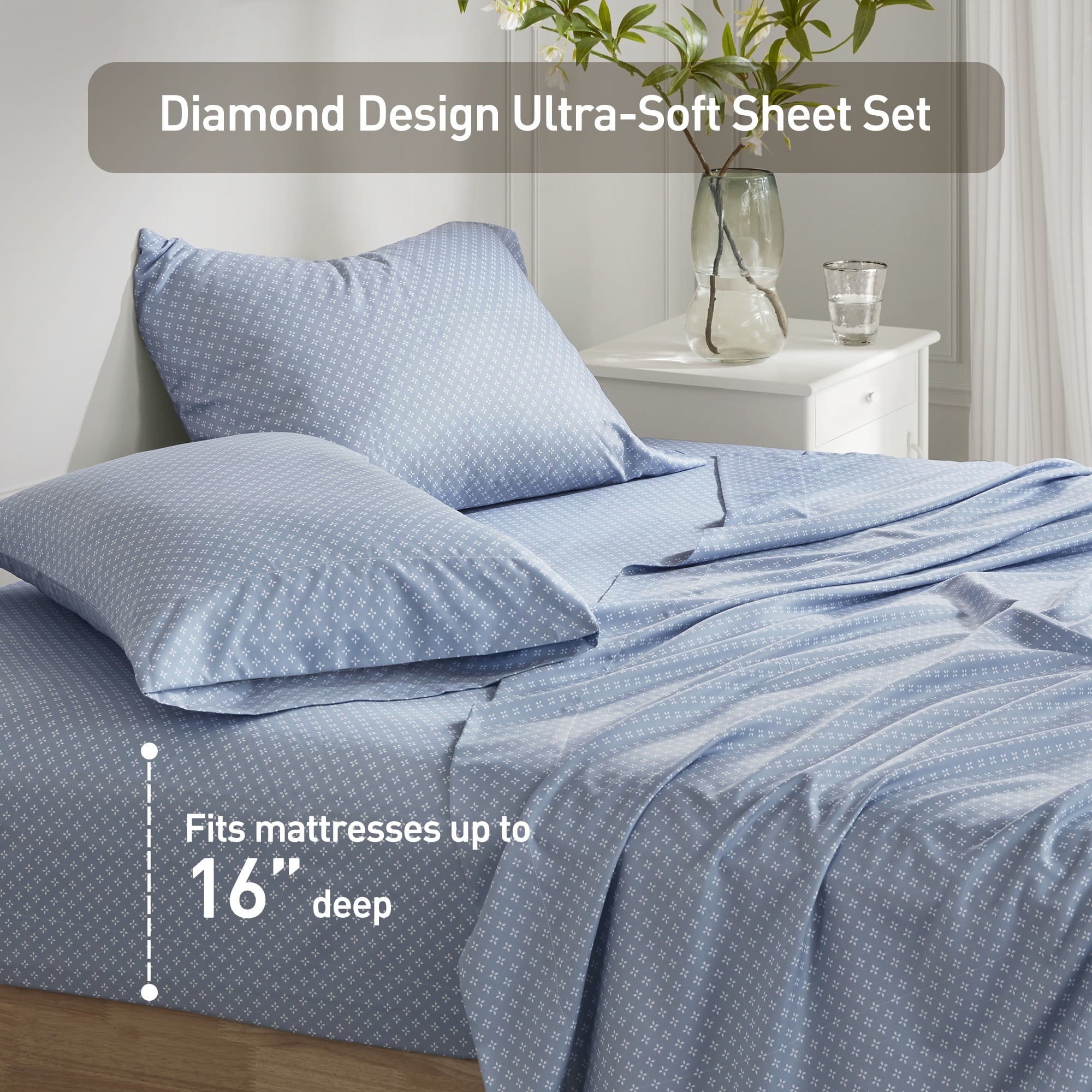 Regency Heights Queen Comforter Set with Sheets, Soft Brushed Bed in A Bag with Diamond Printed Bed Sheets, 7 Piece Bedding Sets with Flat Sheet and Fitted Sheet, Blue