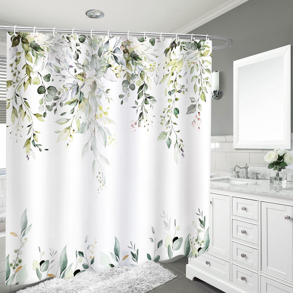 Dznils Green Eucalyptus Fabric Shower Curtain, Watercolor Floral Pattern with Hooks, 72" x 72"
