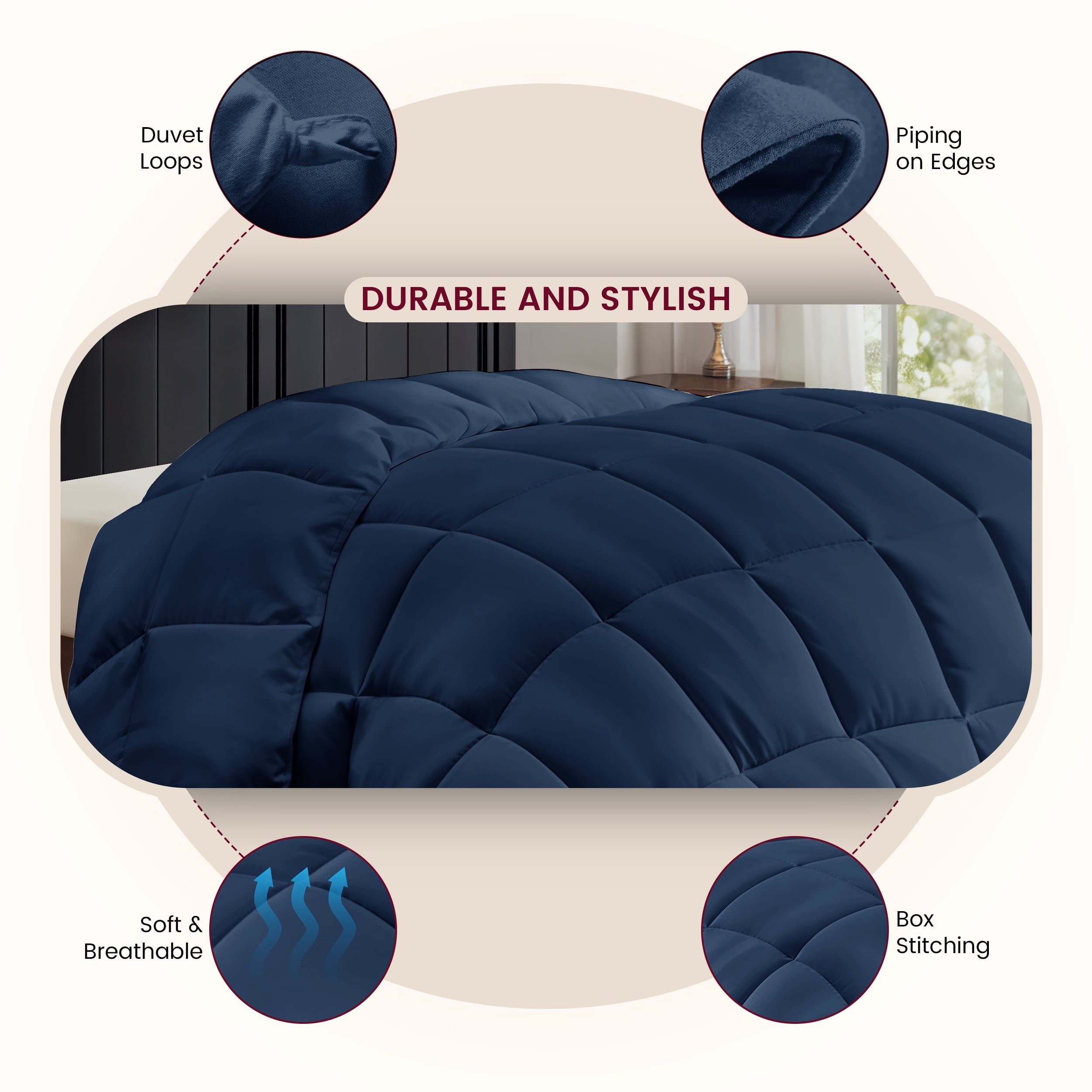 Lux Decor Collection Quilted Comforter All Season Down Alternative Reversible Fluffy Ultra Soft Duvet Insert (Queen, Navy Blue)