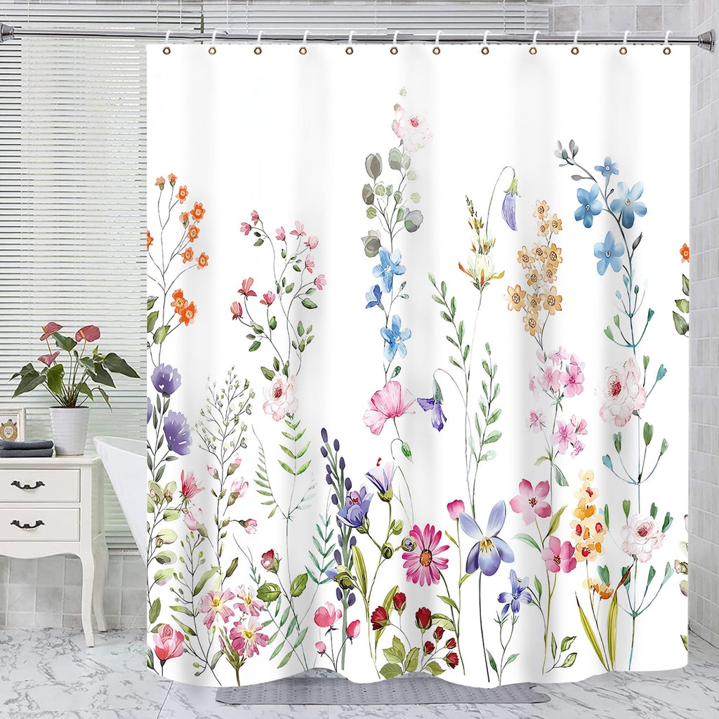 Dznils White Floral Fabric Shower Curtain, Watercolor Bathroom Curtain with Hooks, Pink, 72" x 72"
