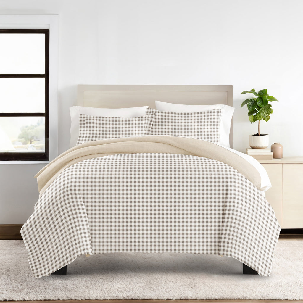 Duvet Cover Set - Ultra Soft & Breathable - Reversible Beige Gingham Check for Twin/TwinXL Bedding by Comfort Canopy
