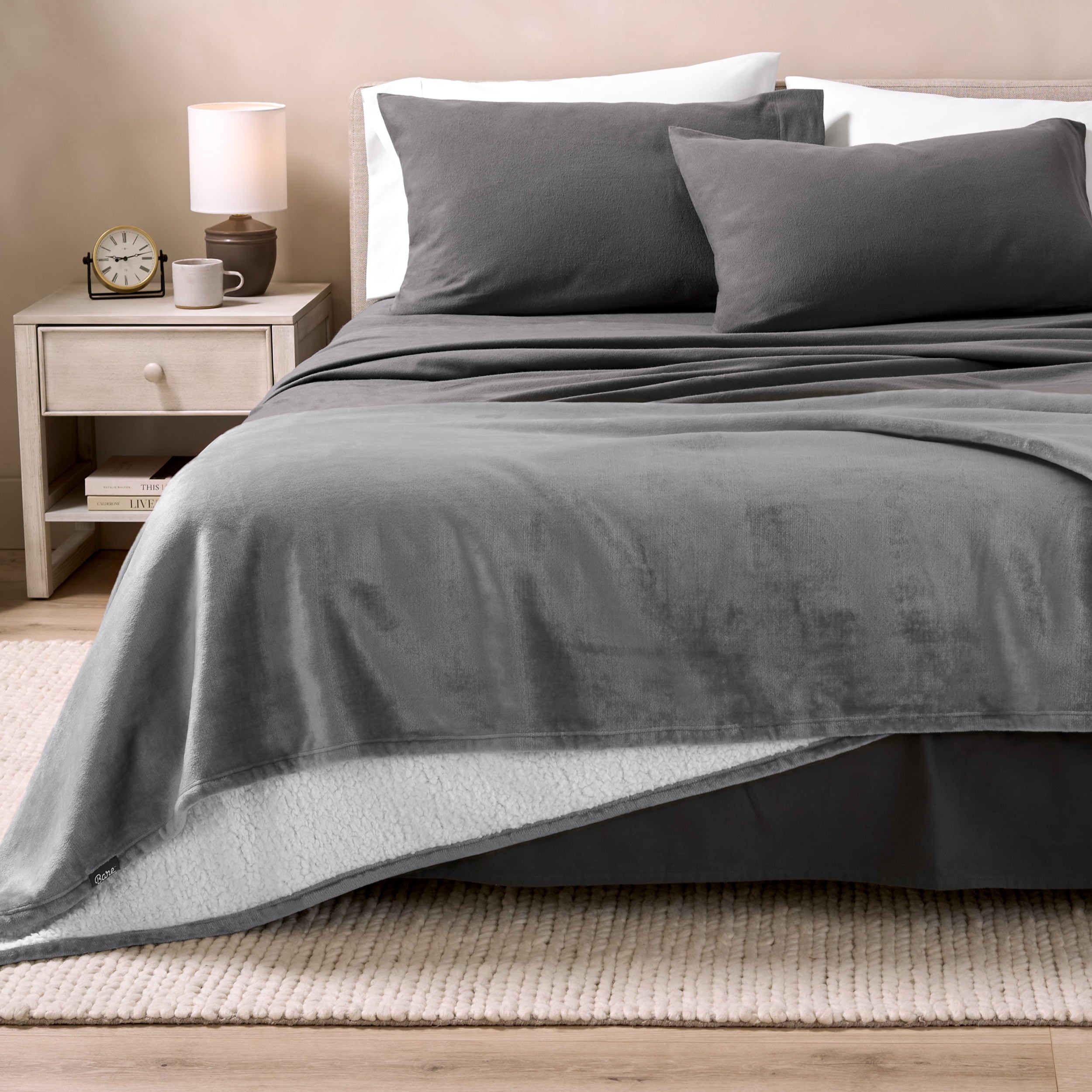 Bare Home Plush Sherpa Bed Blanket - Fluffy & Soft - Reversible - Lightweight - Full/Queen, Gray