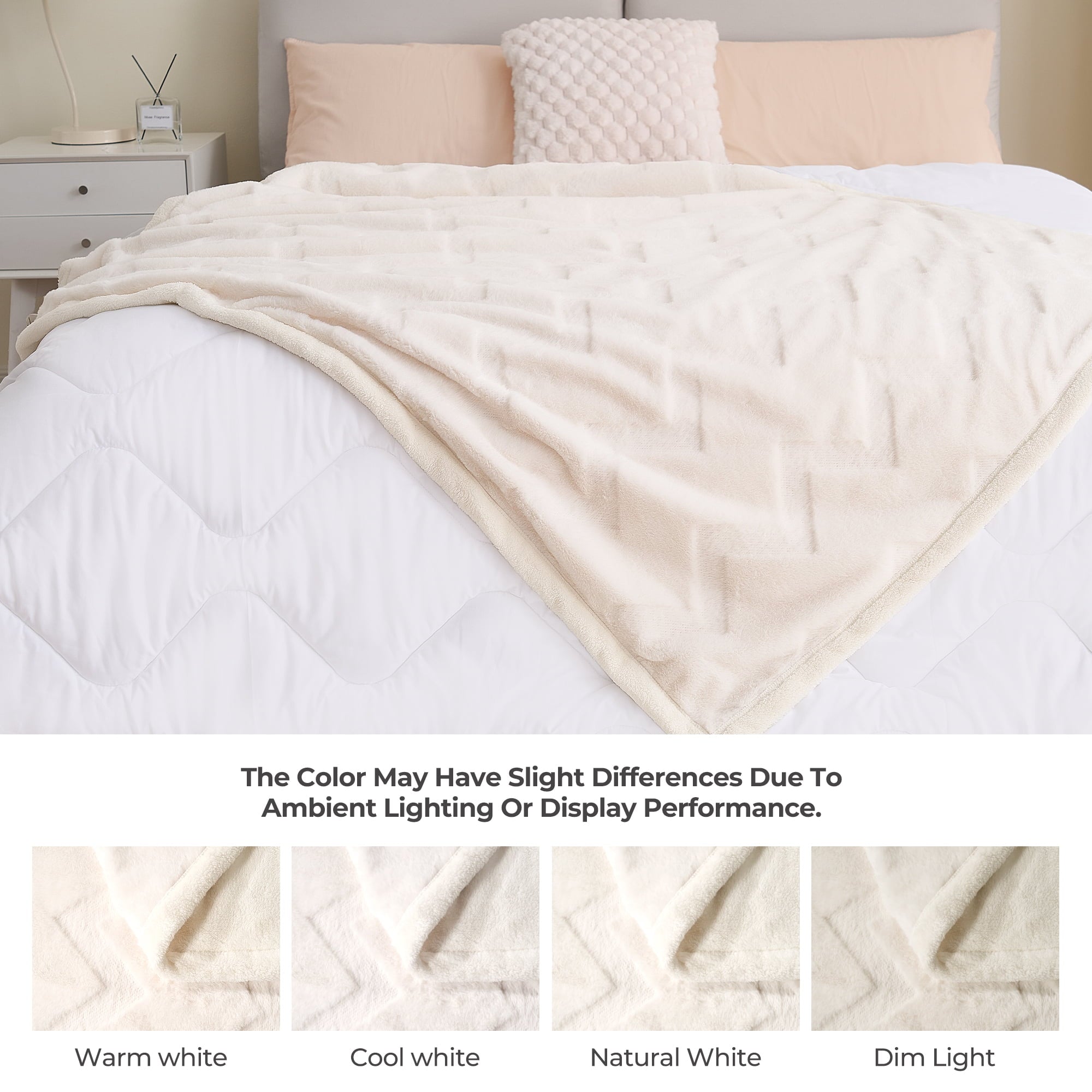 Naipo 50 in x 70 in Faux Rabbit Fur Blanket White Arctic Velvet Throw Blanket Unique Design Perfect for All Seasons and Ages (No Heating)