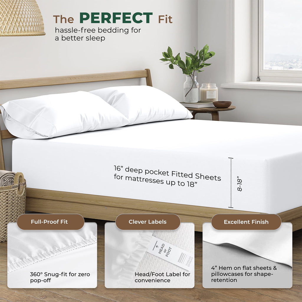 Thread Spread 100% Organic Cotton Sheets Queen Size - 4 PC Organic Cotton Queen Size Percale Weave Sheet Set, Soft, Cooling, Crisp & Breathable, 16" Deep Pocket Hotel Quality Bedding Set - White