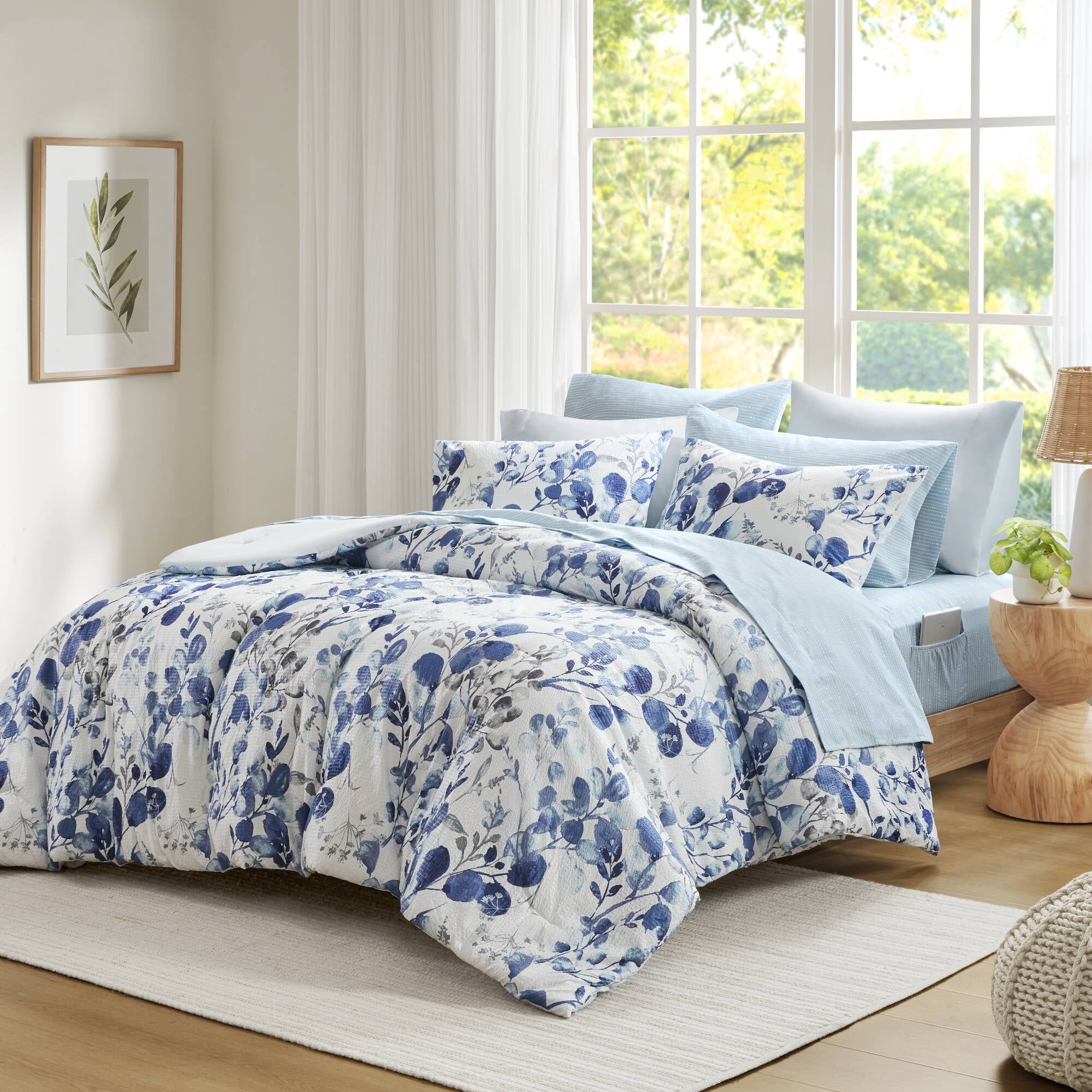Regency Heights 9-Piece Queen Size Seersucker Comforter Set with Sheets, Texture Botanical Print Bed in A Bag, Blue Bedding Set with Comforter, Flat Sheet, Fitted Sheet with Side Pocket