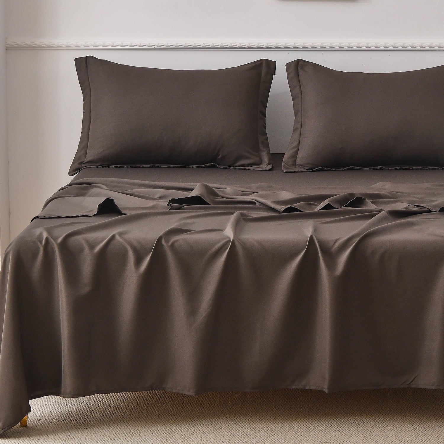 Jessy Home Bed Sheets Set 4 Piece Queen/Full Sheet Set Brown Gray Cotton Blend Fitted Sheet, Flat Sheet & 2 Pillowcases Bedding Set