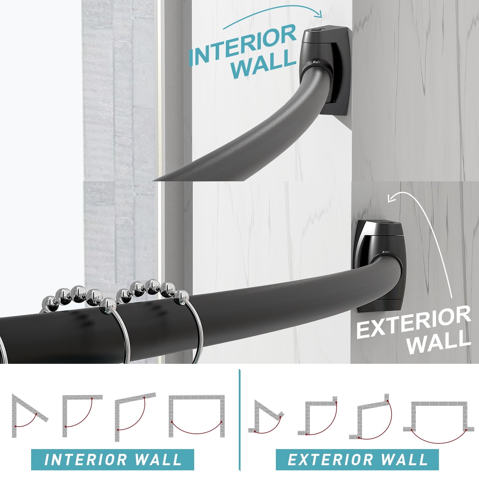 Curved Shower Curtain Rod 43" to 72" Adjustable, Aluminum Rustproof Expandable Round Shower Rod for Bathroom Bathtub Stall, Need to Drill, Black