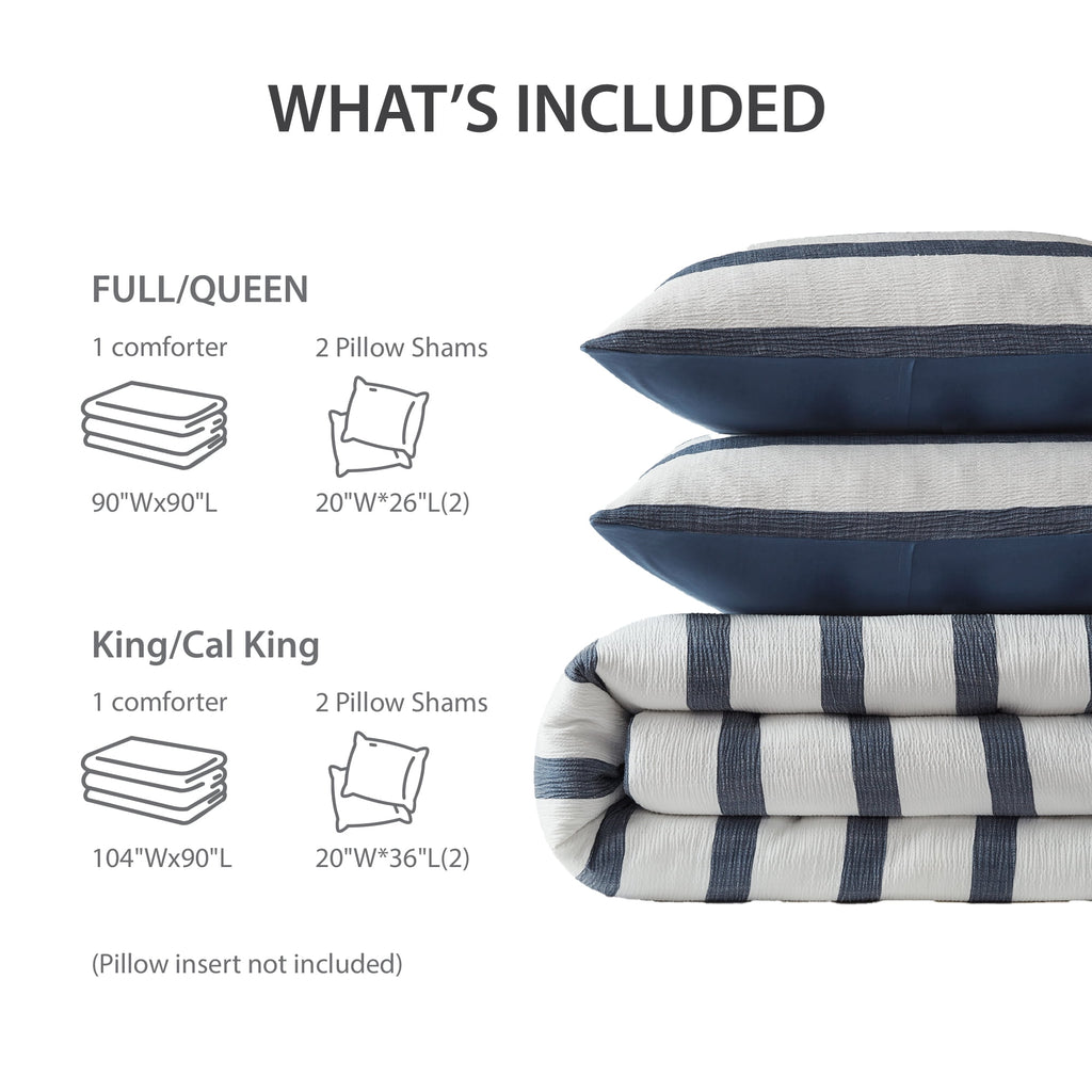 Regency Heights Full/Queen Comforter Set, Striped Texture Bedding Comforter Sets, 3 Pieces Tonal Stripes Woven Comforter with Pillow Sham, Blue