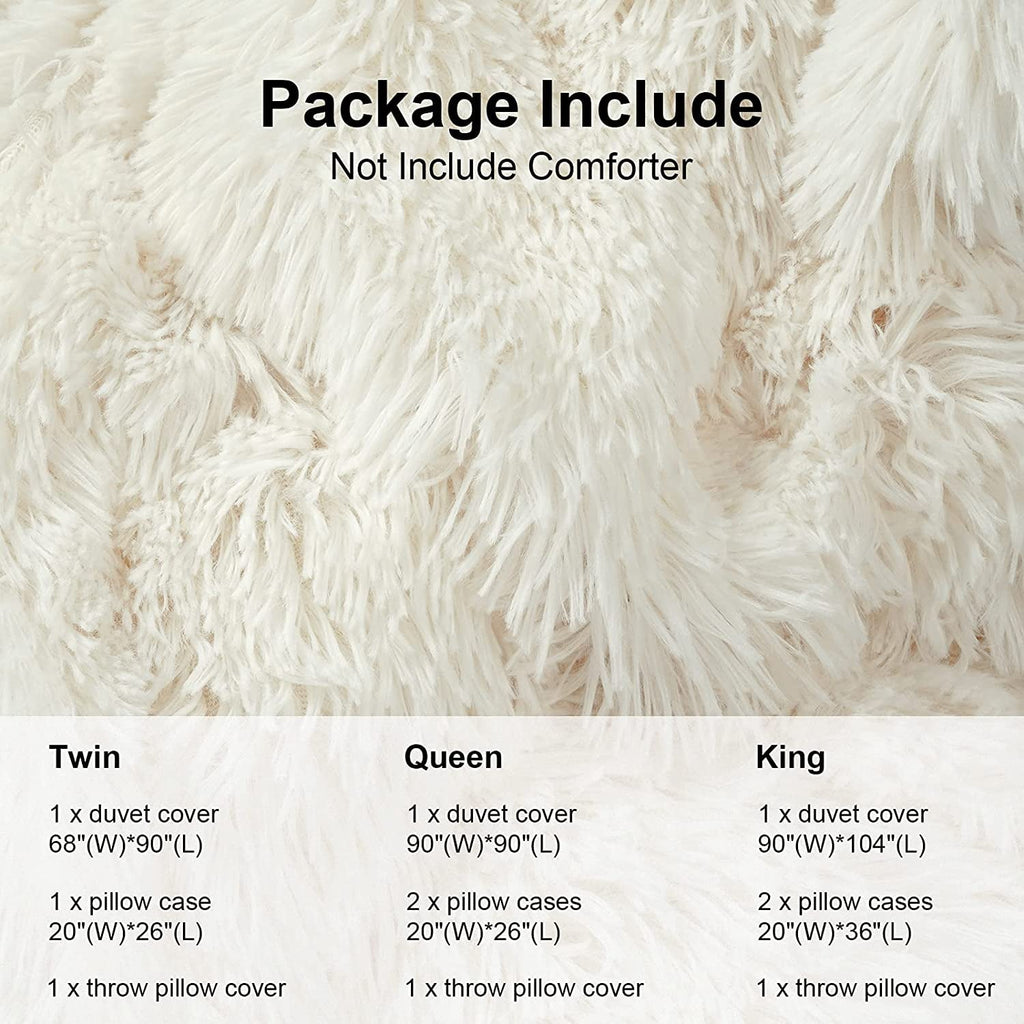 BLEUM CADE Luxury Fluffy Fuzzy Queen Bedding Comforter Set,4 Pieces Shaggy Duvet Cover Set,Furry Plush Velvet Bed Comforter Cover with Zip Closure,Queen,Creamy-White