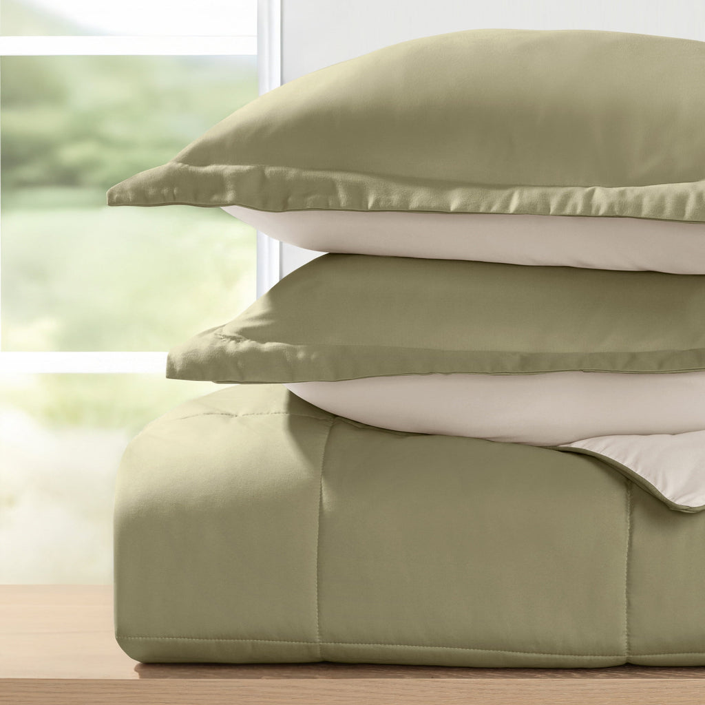 All Season Reversible Comforter Set Breathable Cool in Sage Green & Ivory Twin/Twin XL Size Bedding by Comfort Canopy