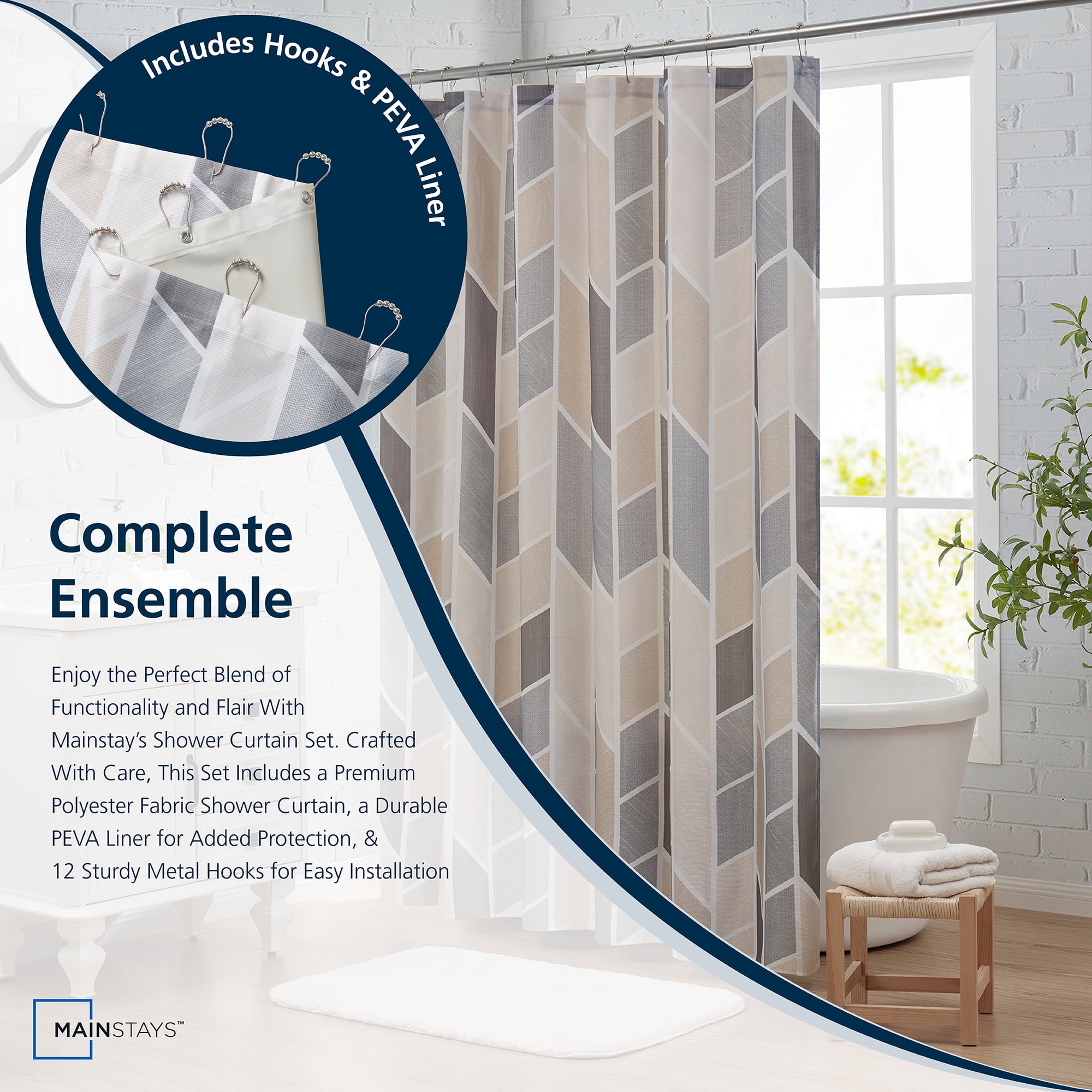 Mainstays 14 Piece Fabric Shower Curtain Set, PEVA Liner & Hooks, Natural Geometric 72" x 72"