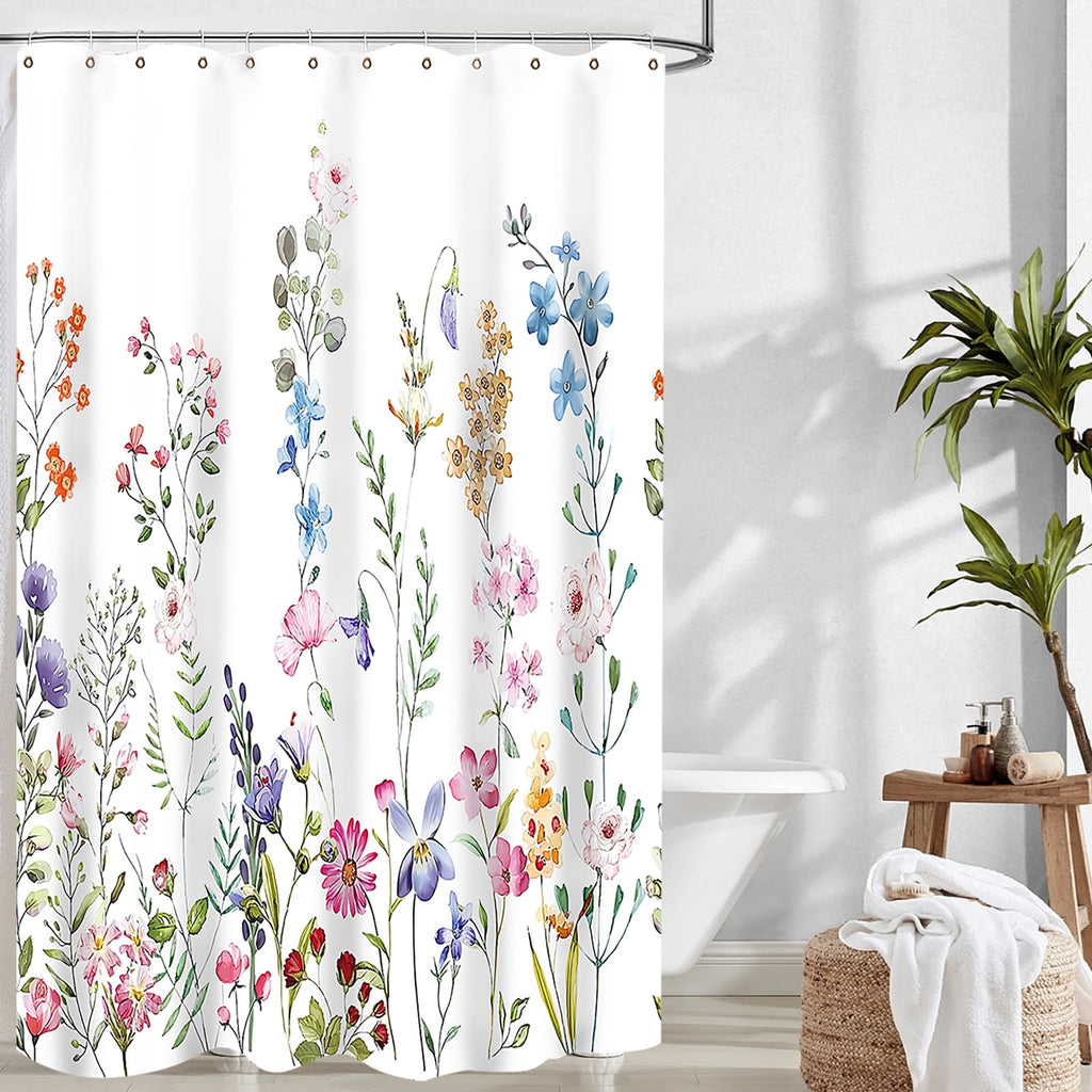 Dznils White Floral Fabric Shower Curtain, Watercolor Bathroom Curtain with Hooks, Pink, 72" x 72"