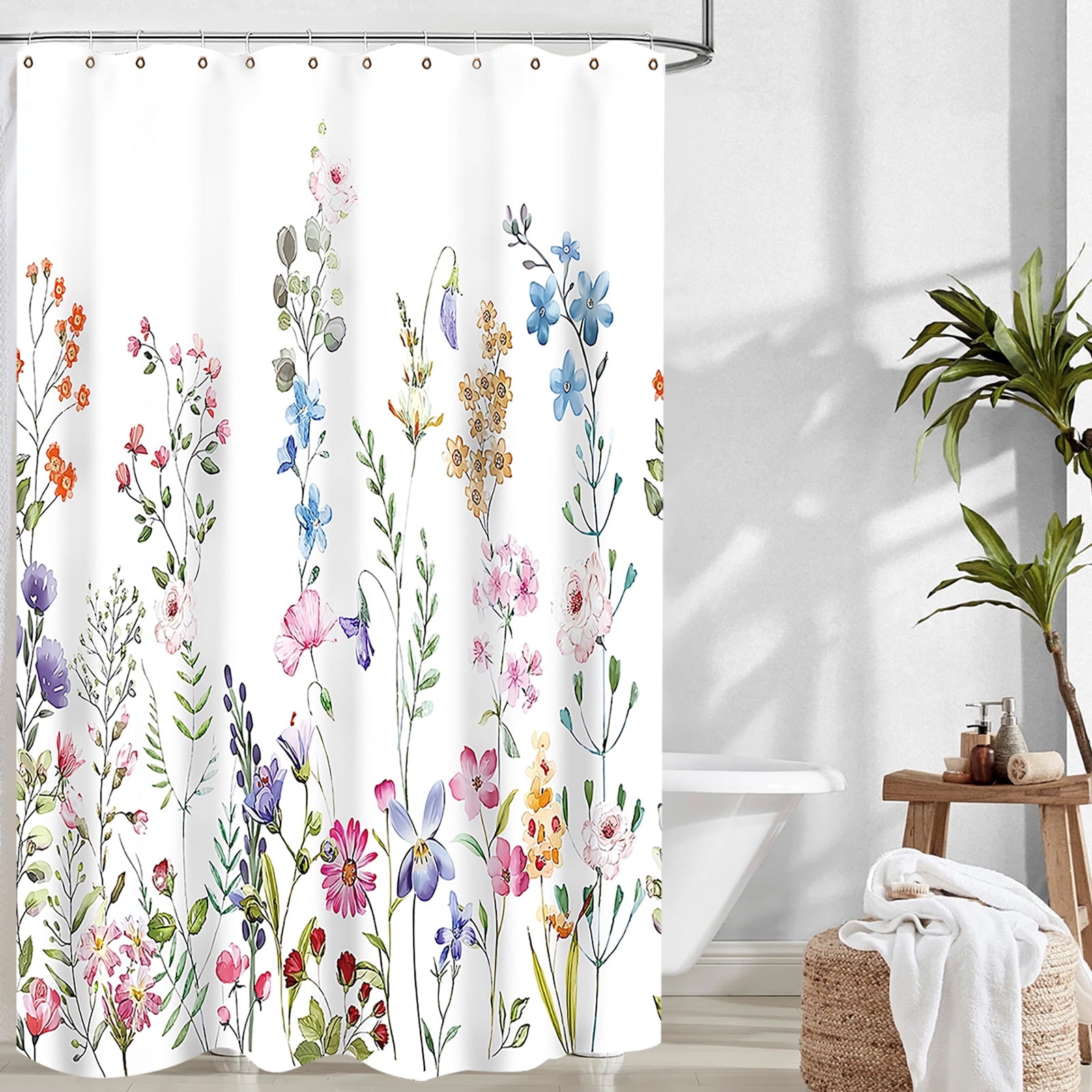 Dznils White Floral Fabric Shower Curtain, Watercolor Bathroom Curtain with Hooks, Pink, 72" x 72"