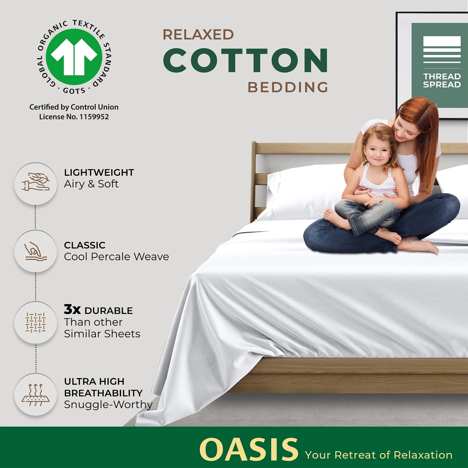Thread Spread 100% Organic Cotton Sheets Queen Size - 4 PC Organic Cotton Queen Size Percale Weave Sheet Set, Soft, Cooling, Crisp & Breathable, 16" Deep Pocket Hotel Quality Bedding Set - White