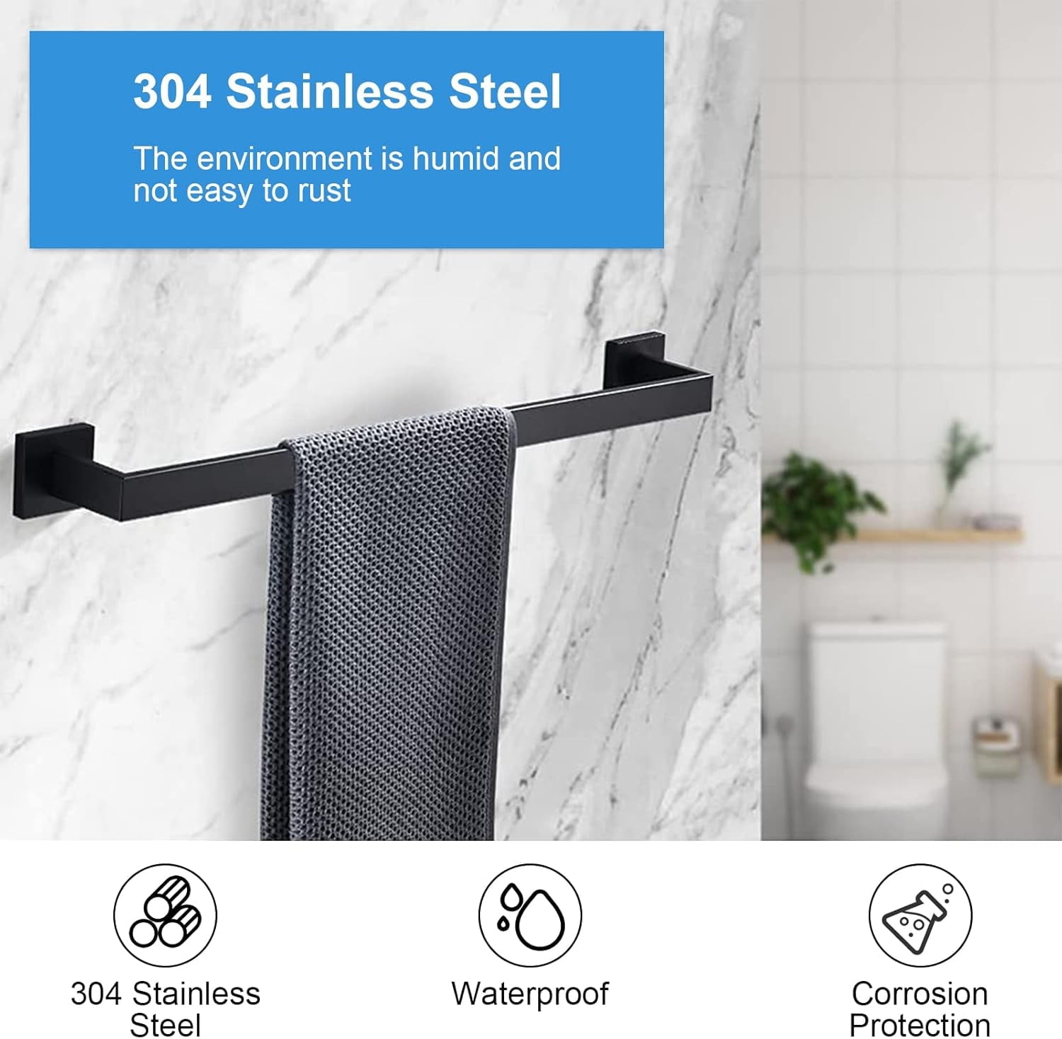 stusgo Matte Black 5-Piece Square Bathroom Hardware Set,40cm Towel Bar,Toilet Paper Holder,Towel Ring,and 2 Towel Hooks,SUS 304 Stainless Steel Bathroom Accessories,Wall Mounted Towel Rack Kit（Black）