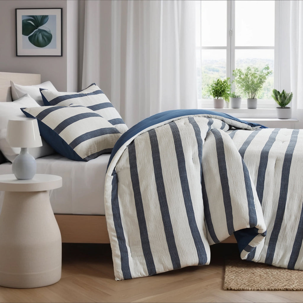 Regency Heights Full/Queen Comforter Set, Striped Texture Bedding Comforter Sets, 3 Pieces Tonal Stripes Woven Comforter with Pillow Sham, Blue