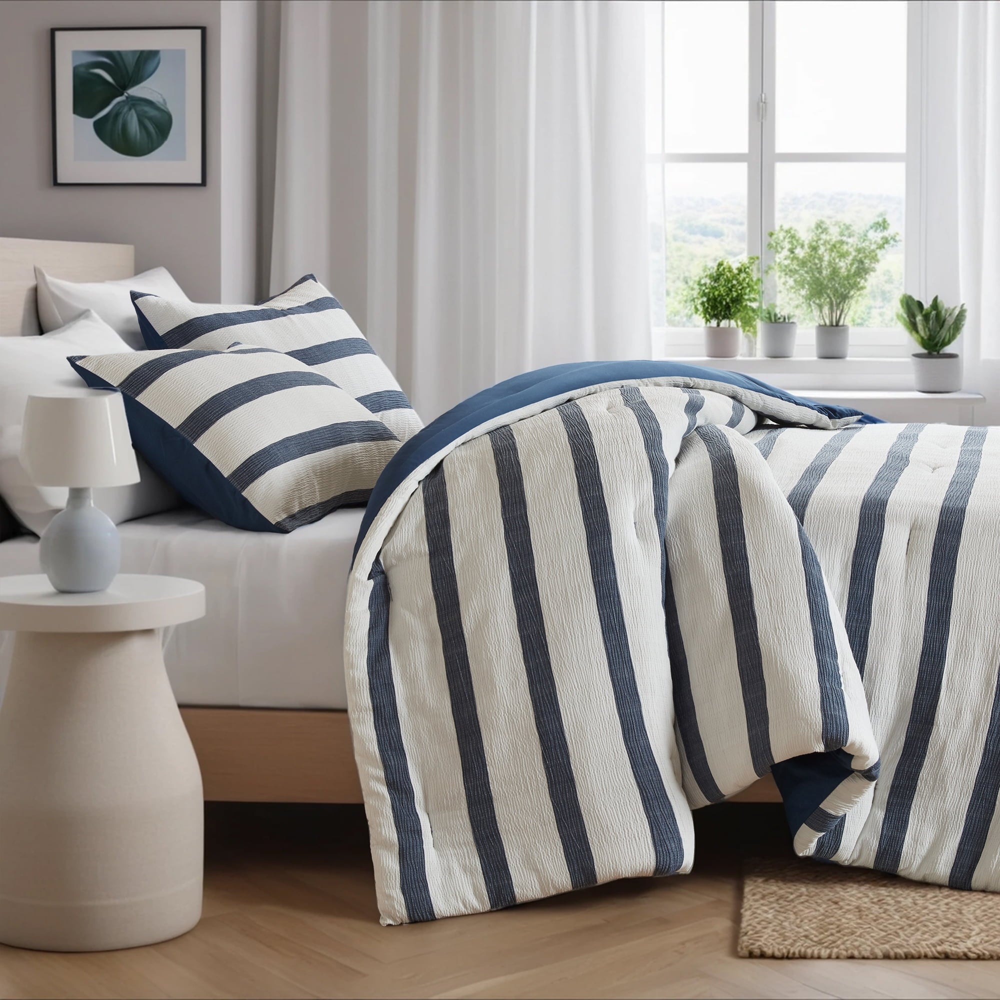 Regency Heights Full/Queen Comforter Set, Striped Texture Bedding Comforter Sets, 3 Pieces Tonal Stripes Woven Comforter with Pillow Sham, Blue