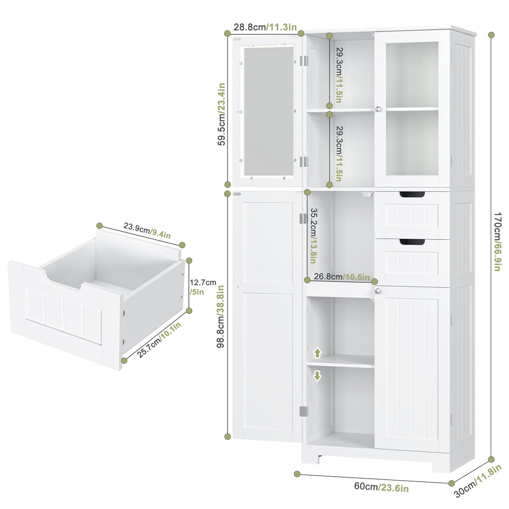 Homfa 67" Tall Bathroom Cabinet, White Linen Cabinet with Doors and Removable Drawers, Kitchen Cupboard