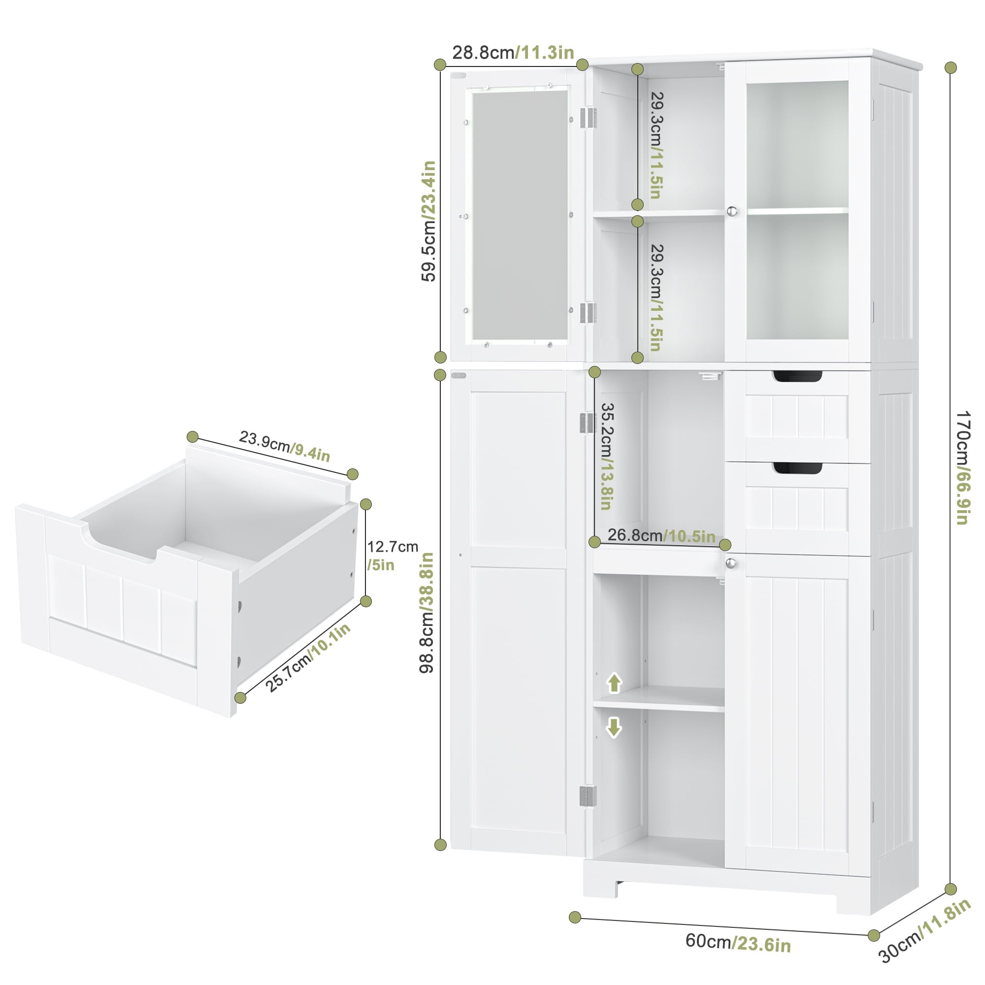 Homfa 67" Tall Bathroom Cabinet, White Linen Cabinet with Doors and Removable Drawers, Kitchen Cupboard