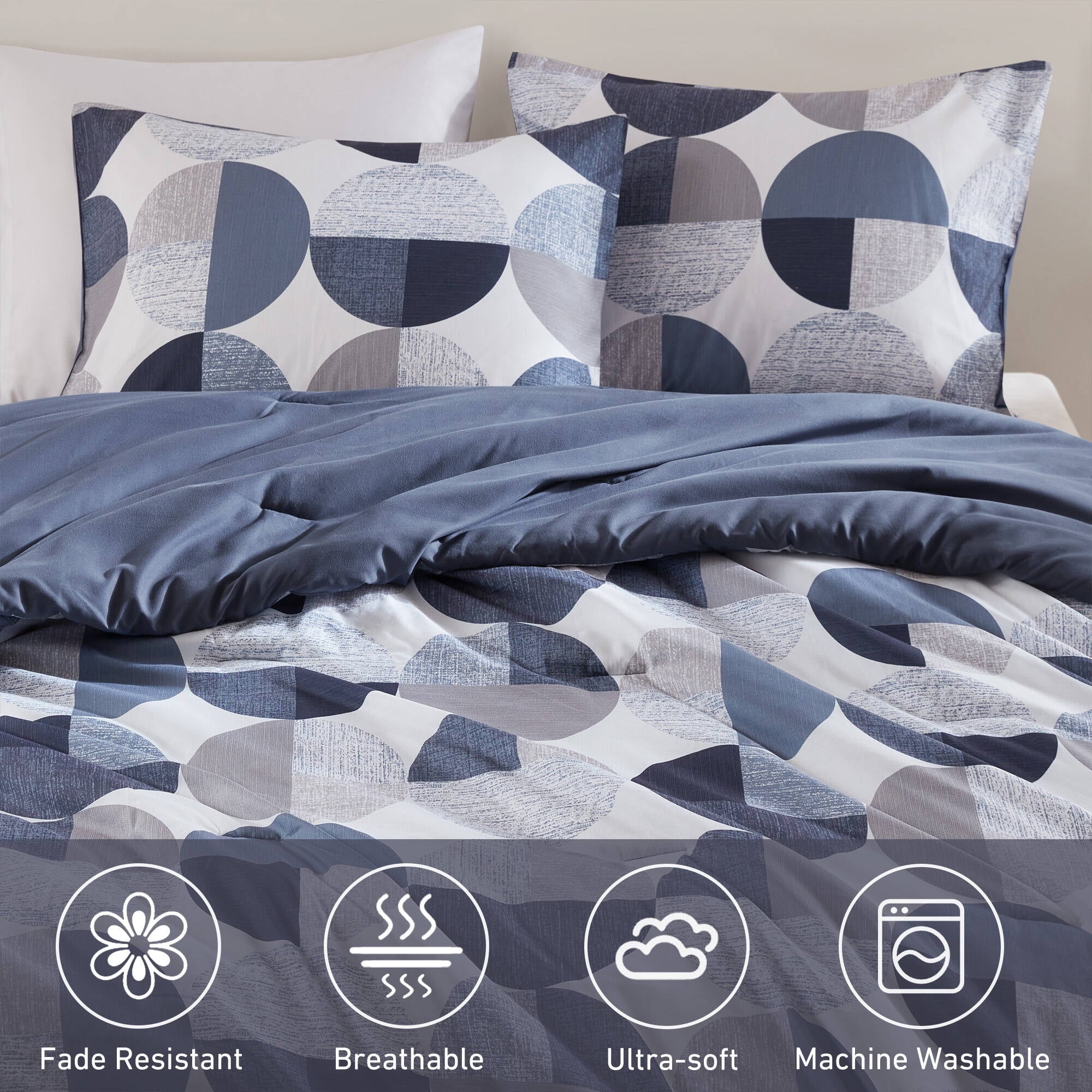 Regency Heights Queen Size Comforter Set, 9-Piece Bed in a Bag Queen, Round Geometric Print Bedding Comforter Set with Sheets, Navy Blue