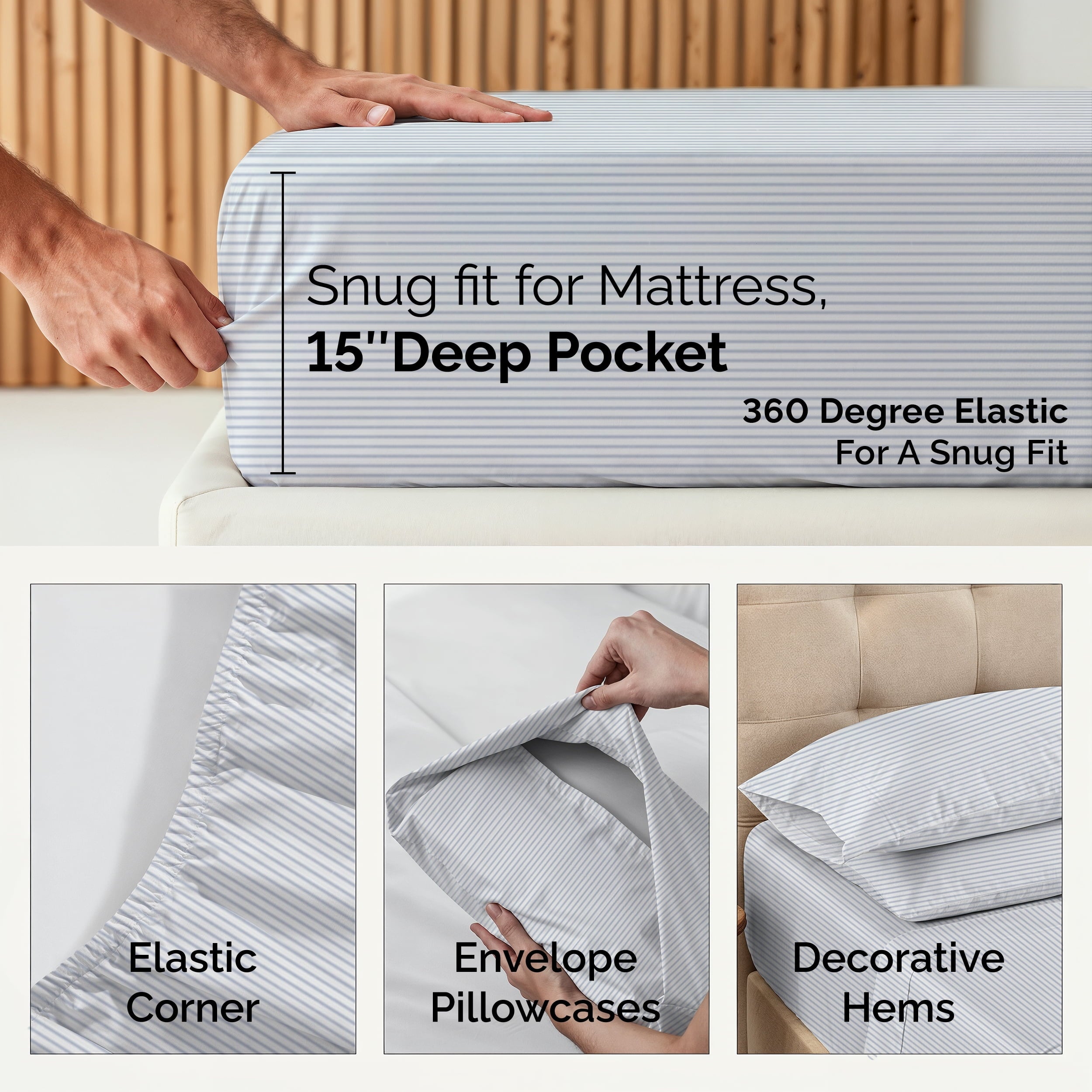 Casa Platino Twin Bed Sheet – 450TC 100% Cotton Cooling Bed Sheets, Premium Hotel Sateen Finish, Oeko-Tex Certified, Restful Sleep – Ticking Stripe