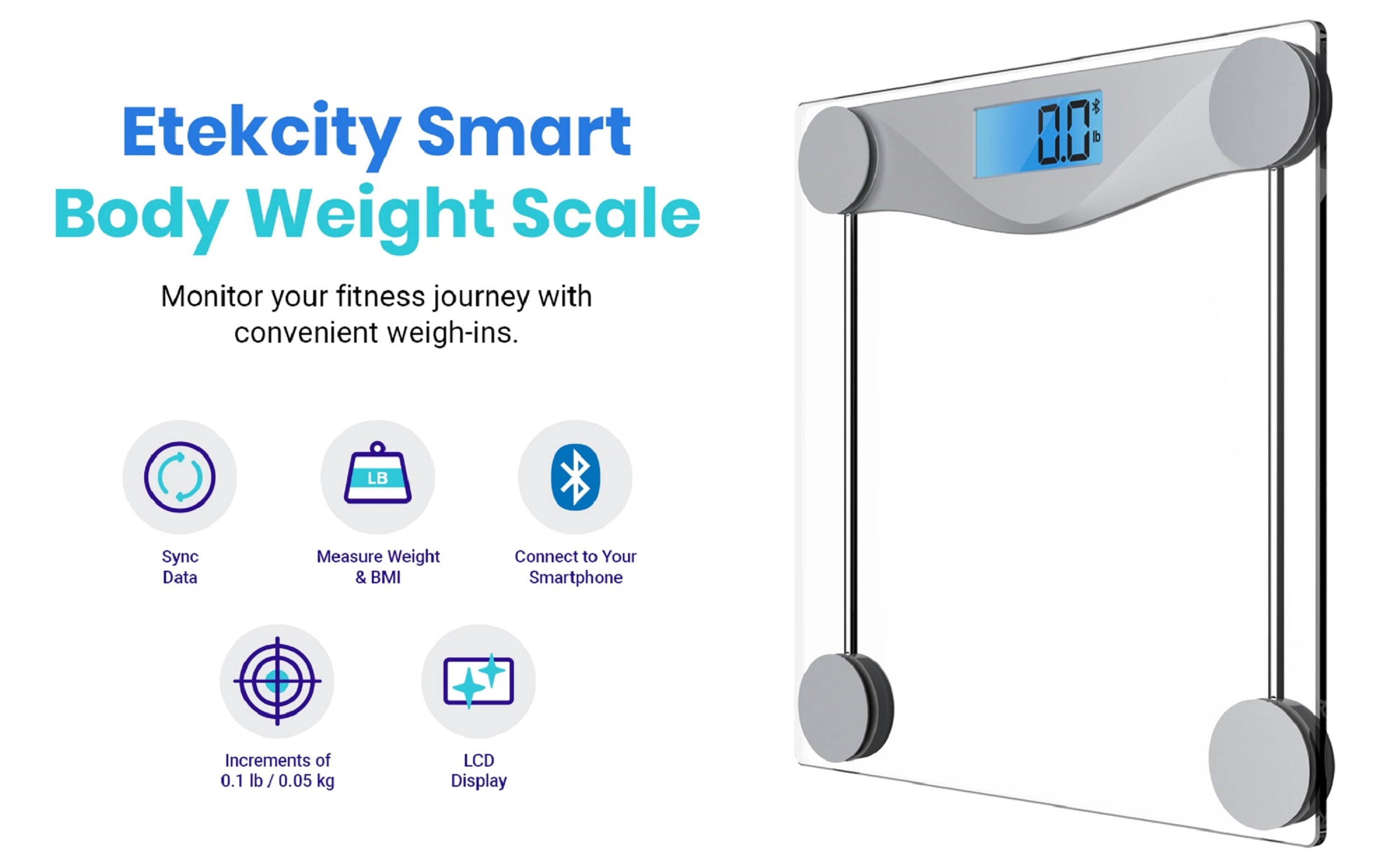 Etekcity LCD Digital Smart Body Weight Scale, Glass and Silver, 400lb Capacity