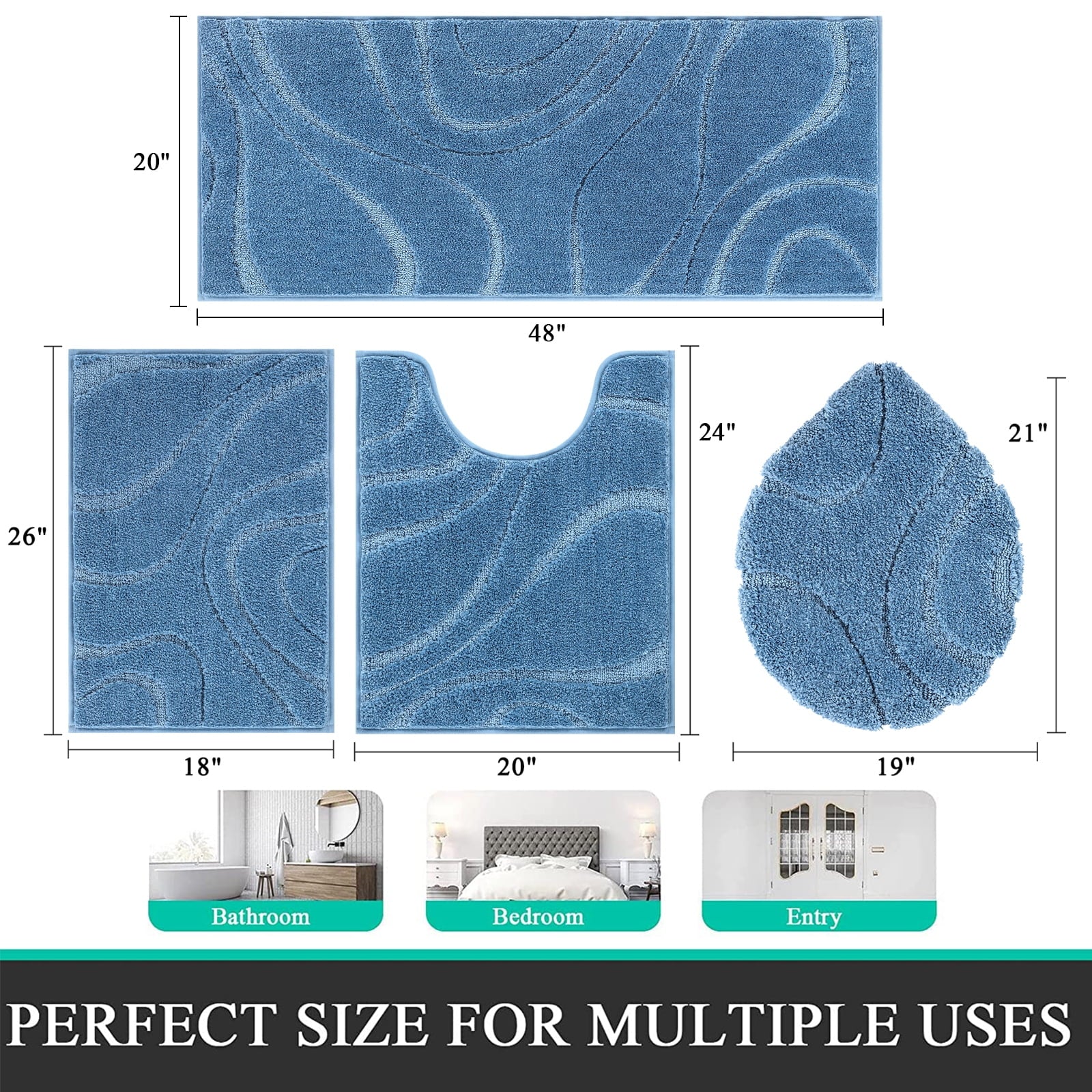 Ileading Bathroom Rugs Sets 4 Piece, Super Soft and Absorbent Non Slip Microfiber Toilet Bathroom Mats