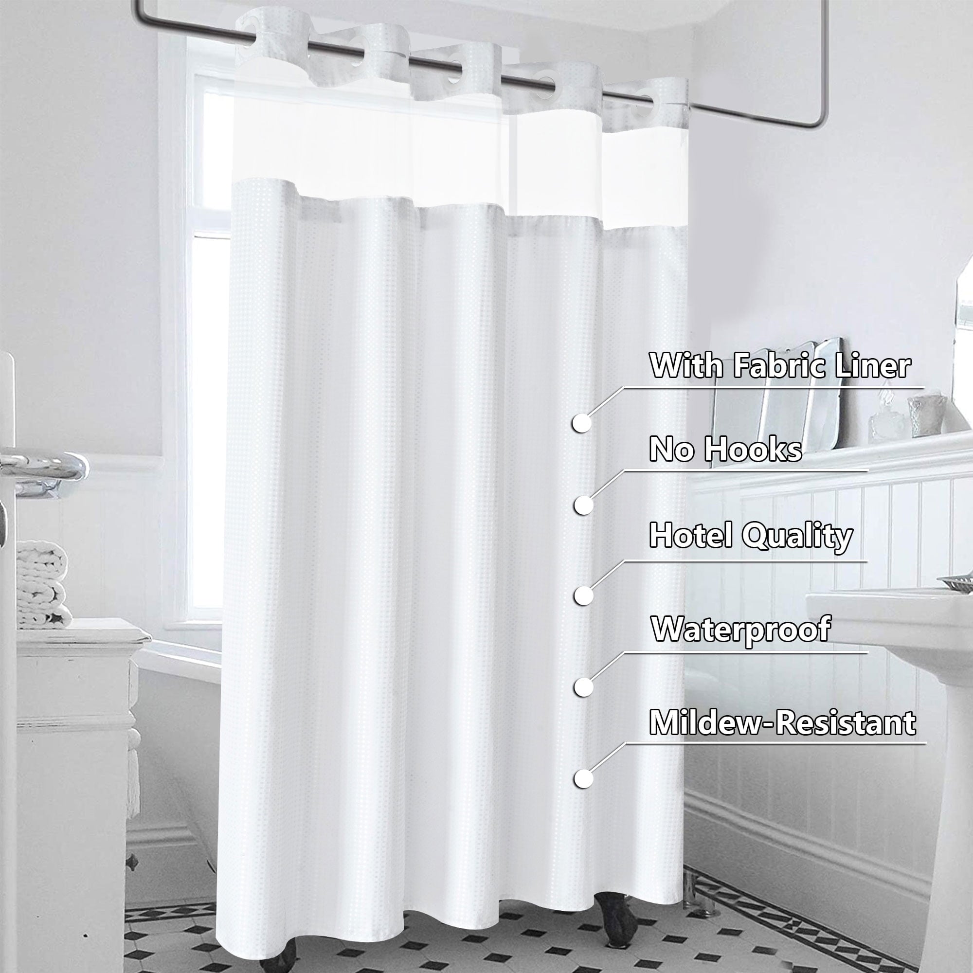 Ikfashoni White Hookless Shower Curtain with Snap in Liner, Waffle Weave Fabric No Hook Waterproof Mesh Window Bathroom Curtain, 72"X74"