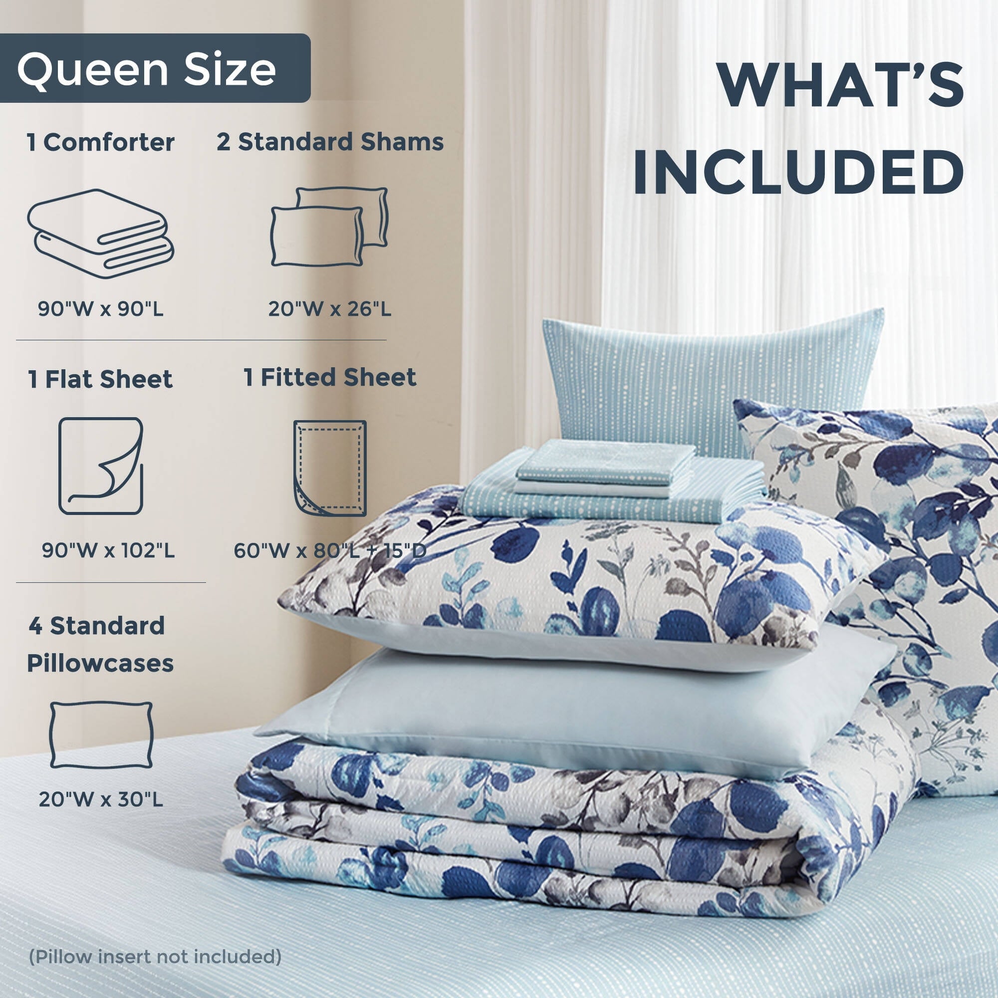 Regency Heights 9-Piece Queen Size Seersucker Comforter Set with Sheets, Texture Botanical Print Bed in A Bag, Blue Bedding Set with Comforter, Flat Sheet, Fitted Sheet with Side Pocket